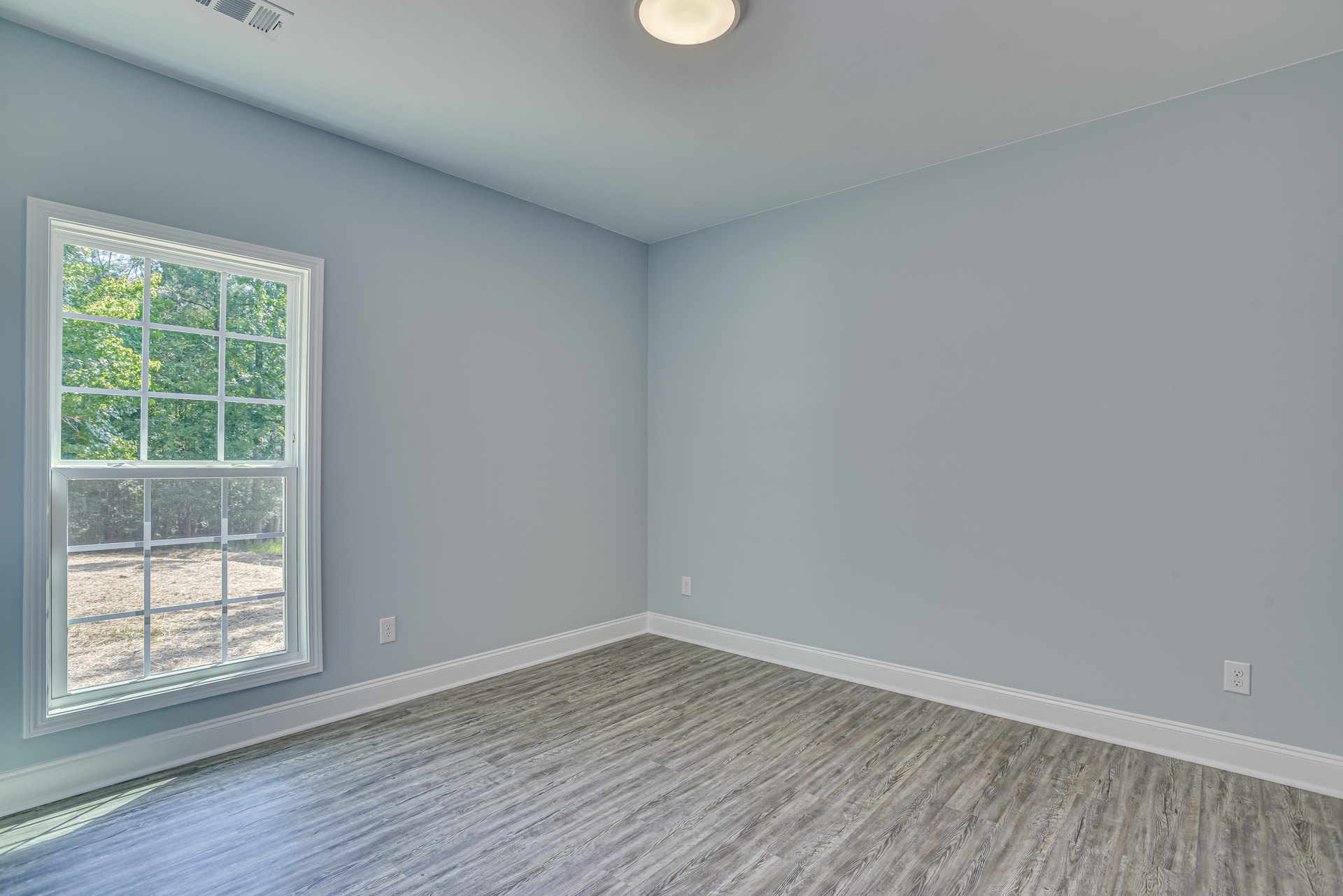 Bright room with large window overlooking trees, white ceiling light fixture, wood flooring, and white baseboard trim
