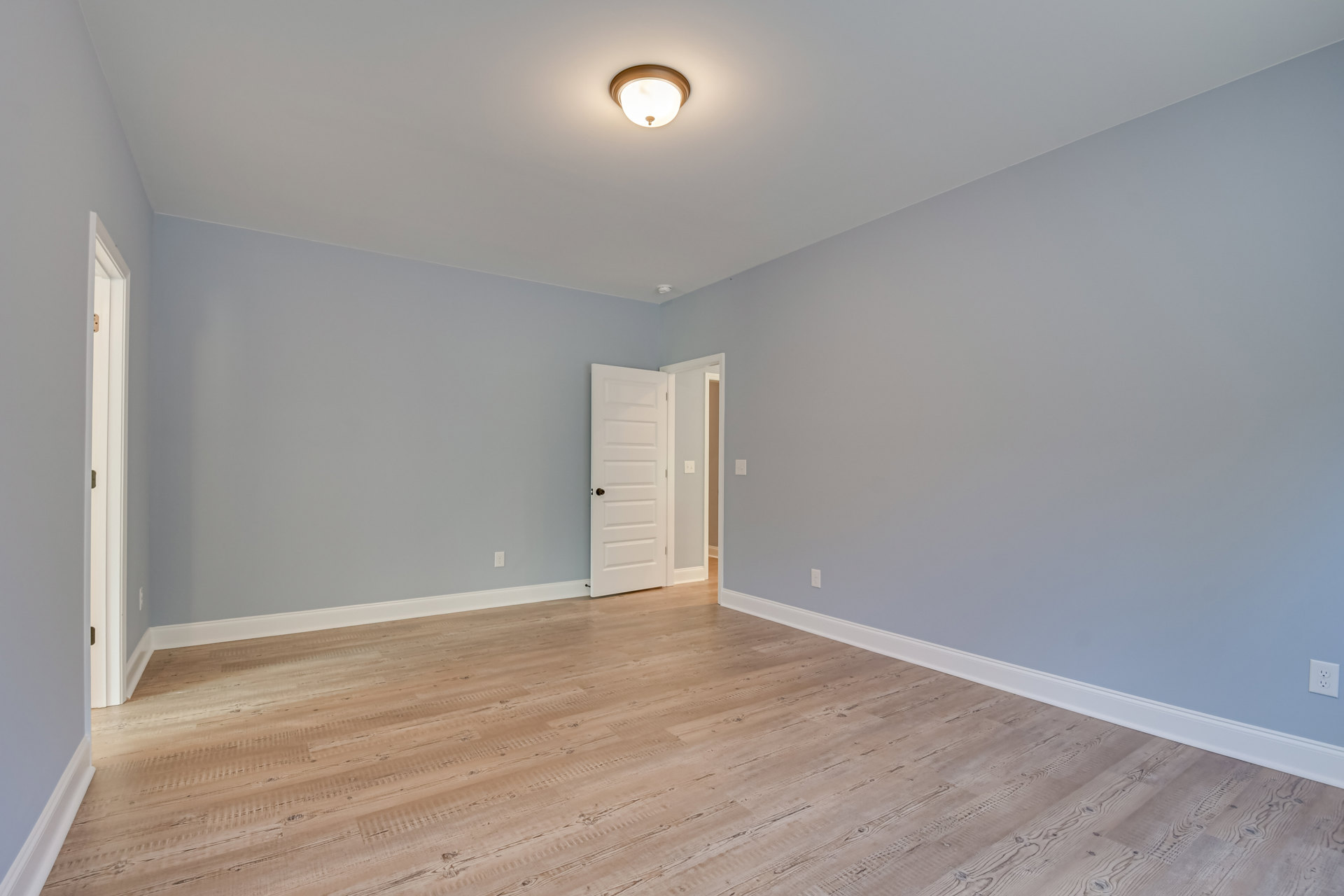 White paneled door with brass knob open to a room featuring light wood flooring, white plaster walls, and a ceiling-mounted light fixture