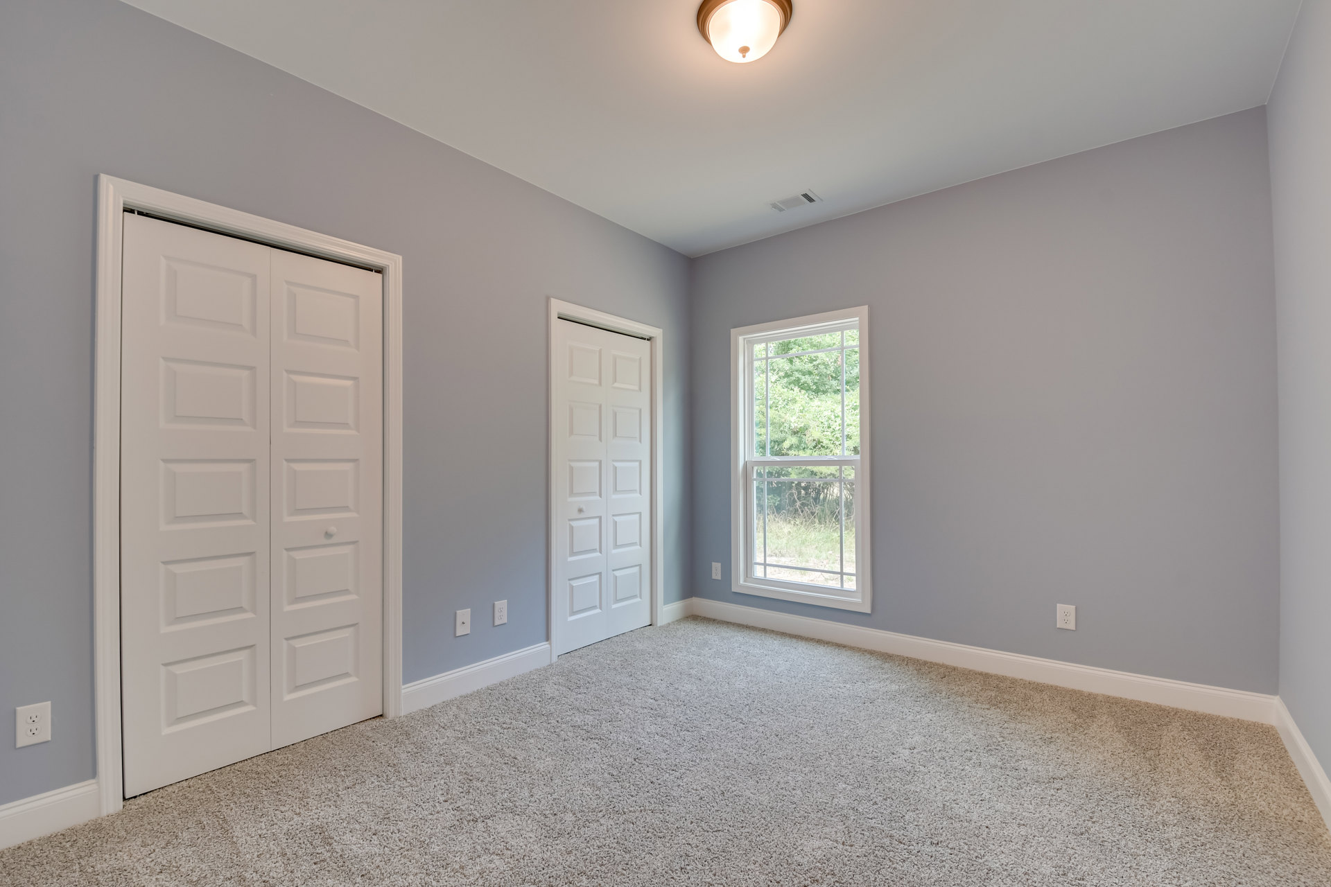 Neutral-toned room with carpet flooring, two white paneled doors, a window overlooking trees, and a ceiling light fixture