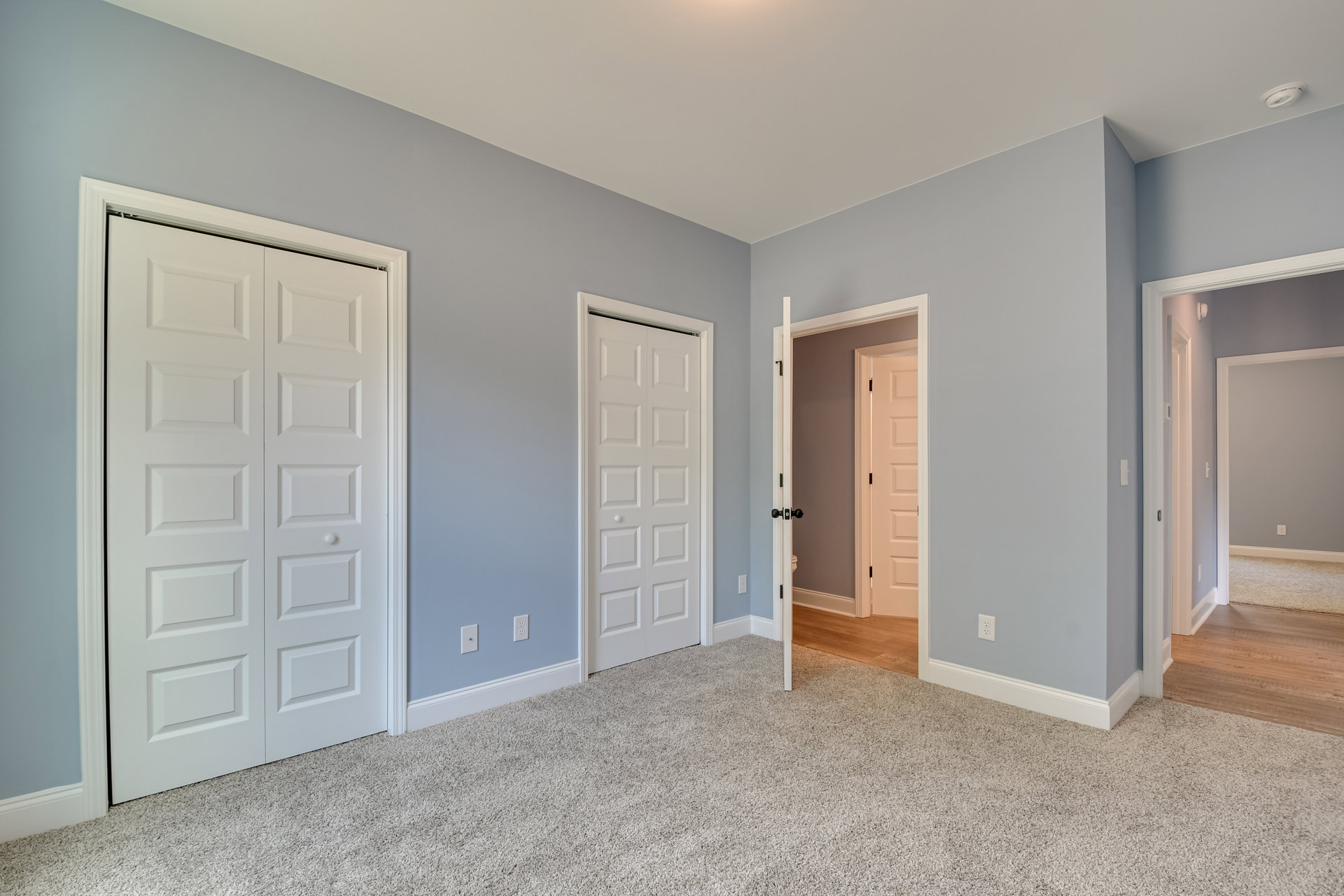 White paneled door with round knob set in a carpeted room, white walls and baseboard molding visible