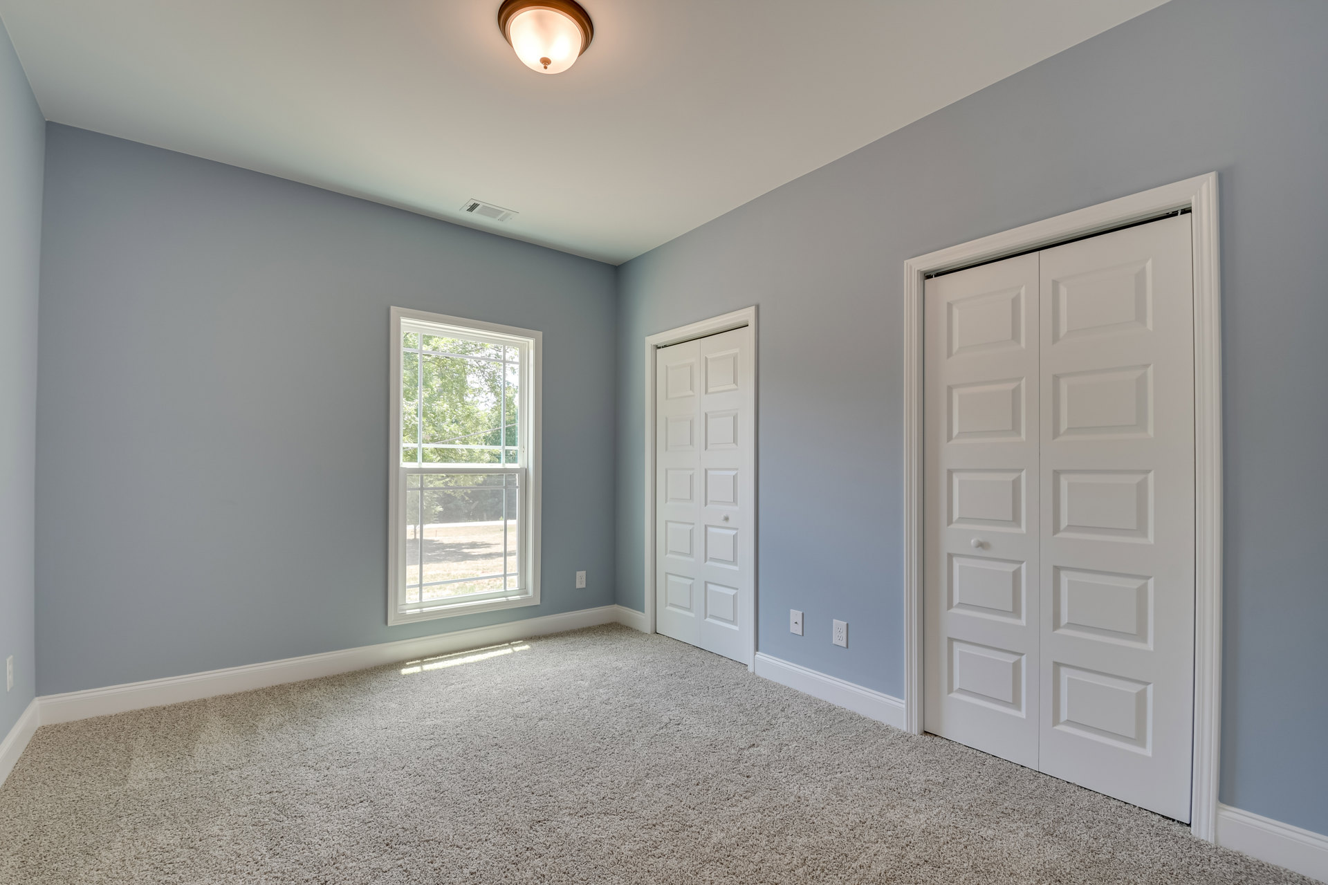 Carpeted room with two white paneled doors, window overlooking trees, simple ceiling light fixture, white walls with molding and door frames