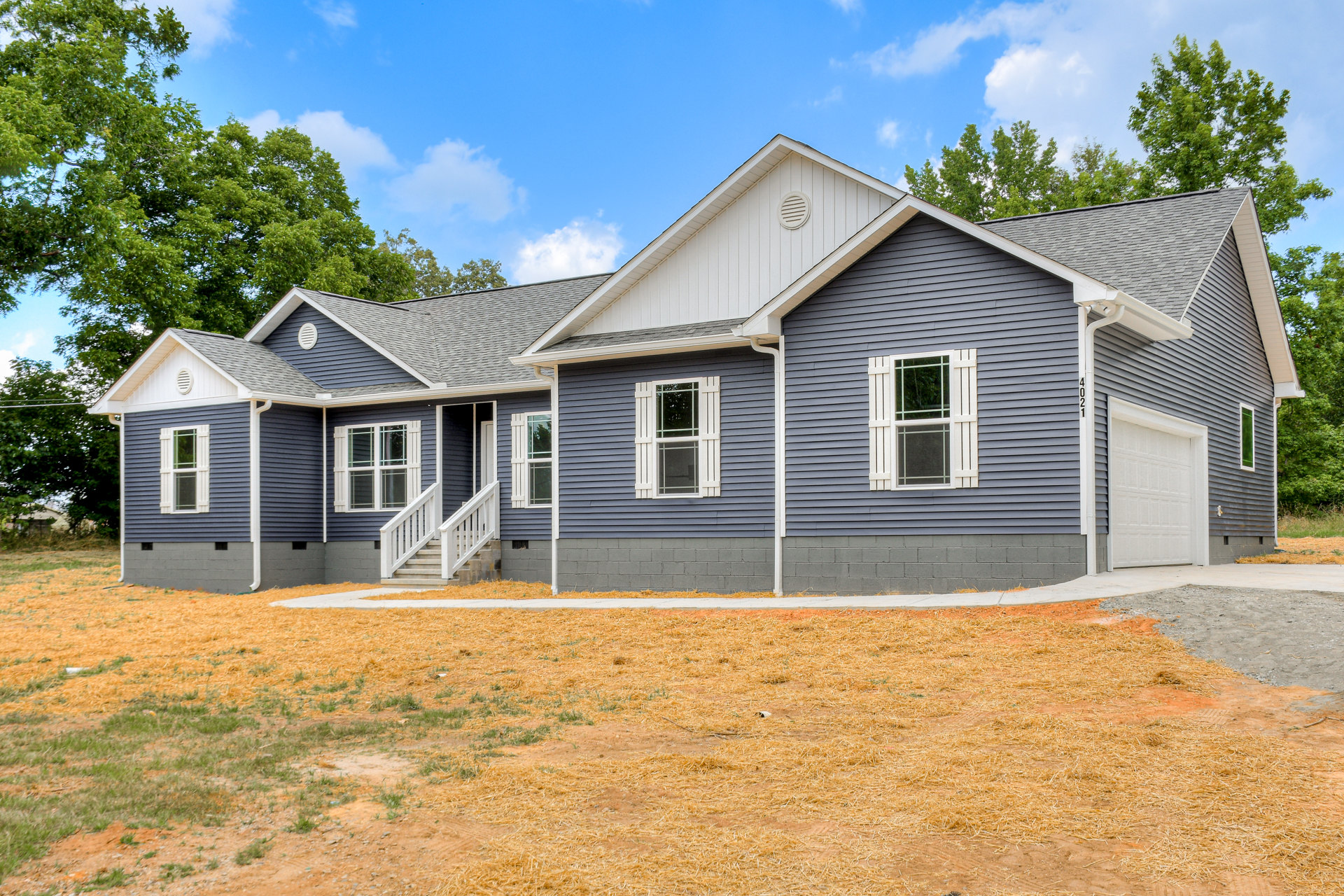Blue siding house with white framed windows, white shutters, front yard with green grass, mature trees in background, close-up of entry stairs.