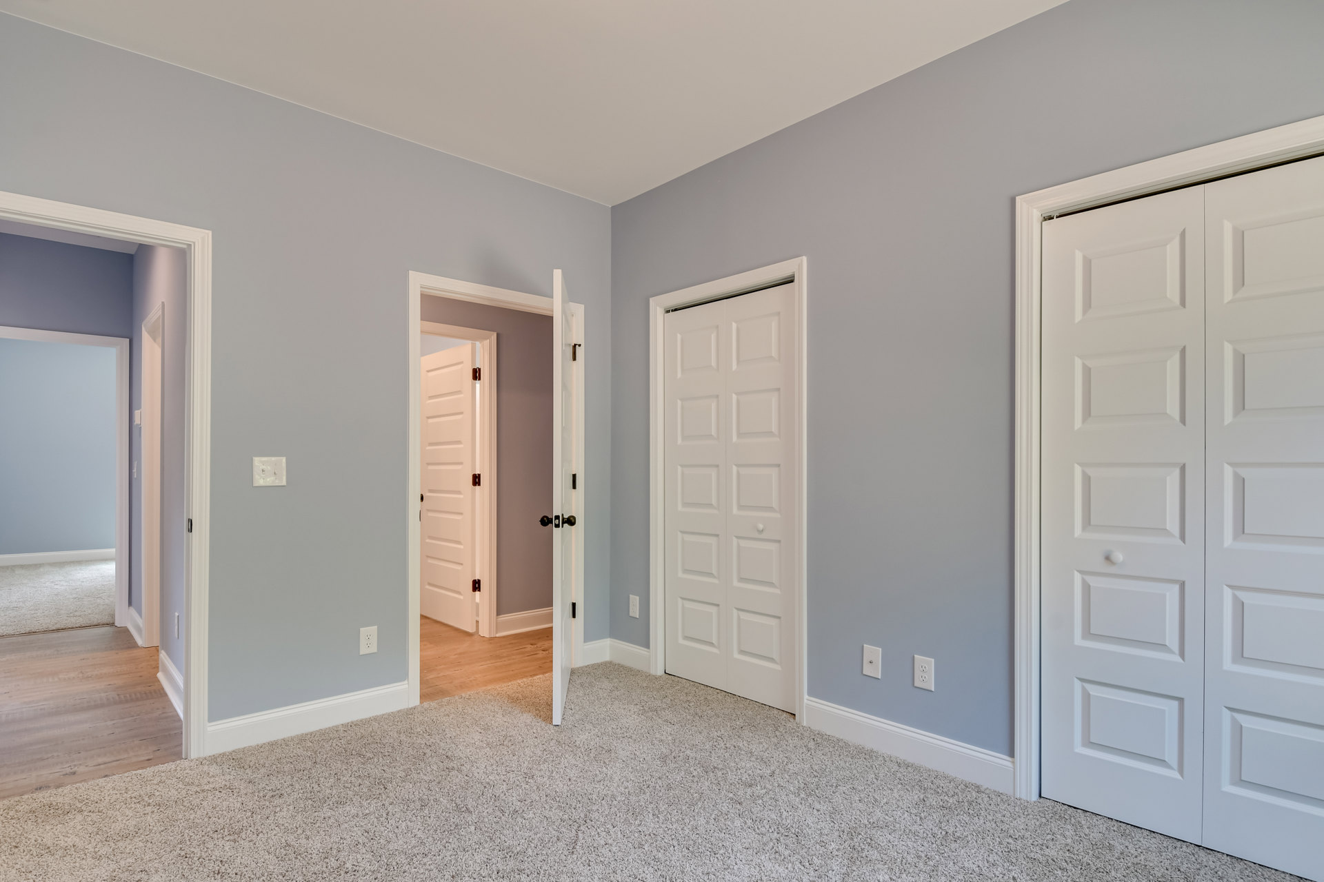 Room with two white paneled doors, carpeted walls, grey accent wall, and white ceiling