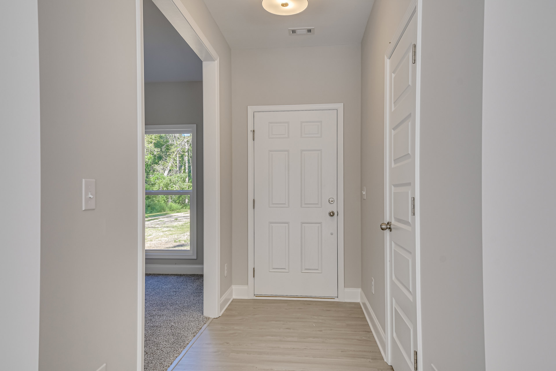 Hallway with white paneled door and silver handle, wood and white flooring, ceiling light fixture, window showing trees outside, carpet beside window, white walls with molding