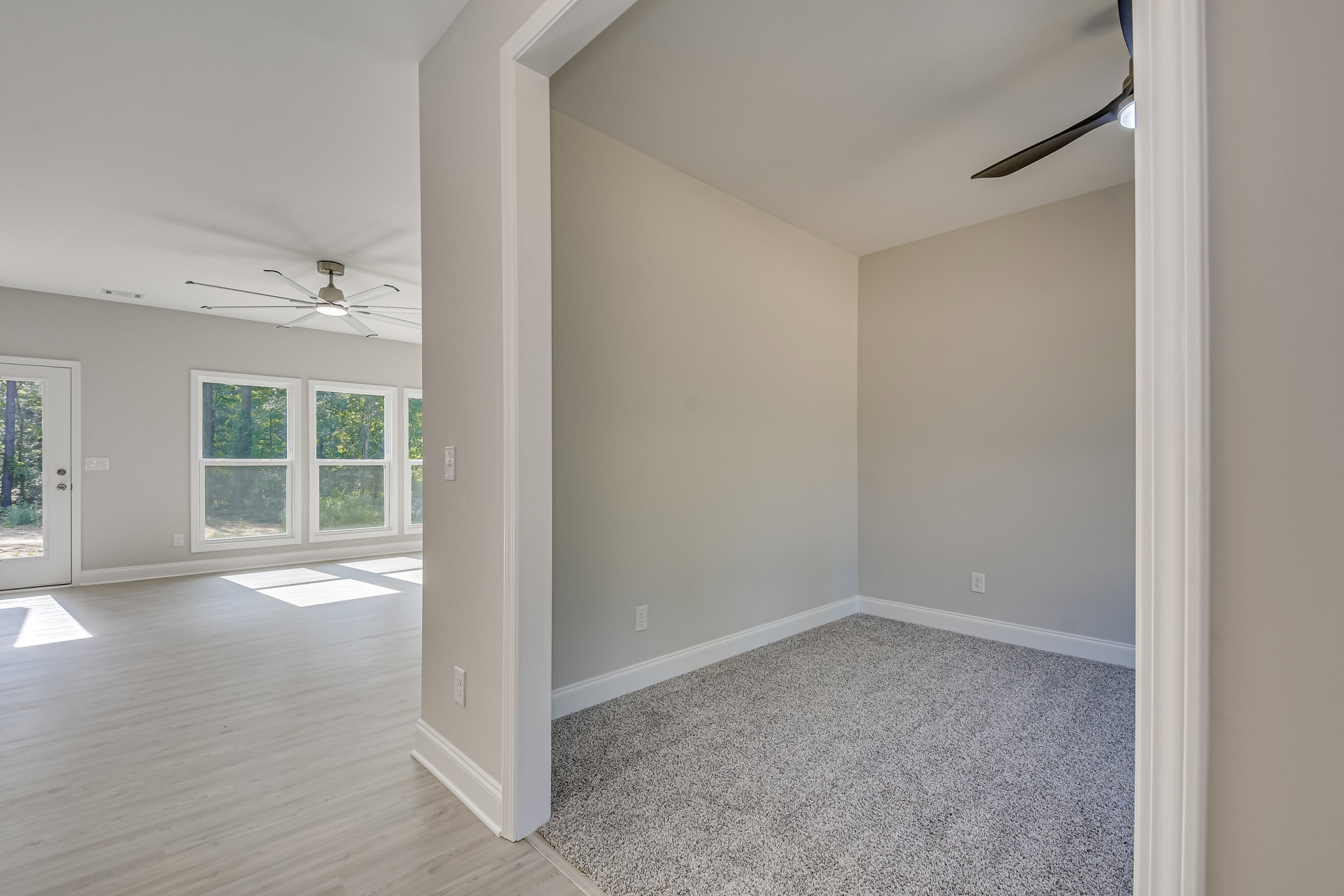 Carpeted bedroom with a ceiling fan and light fixture, white walls, large window overlooking trees, and a white door with central doorknob.
