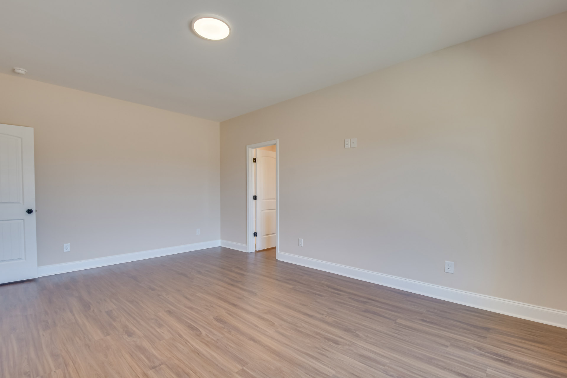 Wood flooring with white baseboard trim, open white door featuring black hinges and round knob, close-up of ceiling light, plaster walls