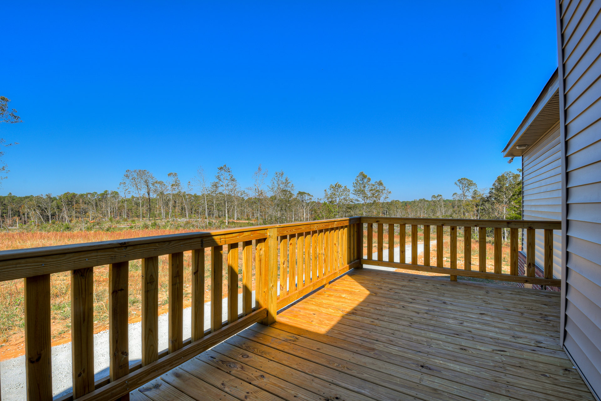Wooden deck with horizontal railing, surrounded by tall trees and blue sky in the background