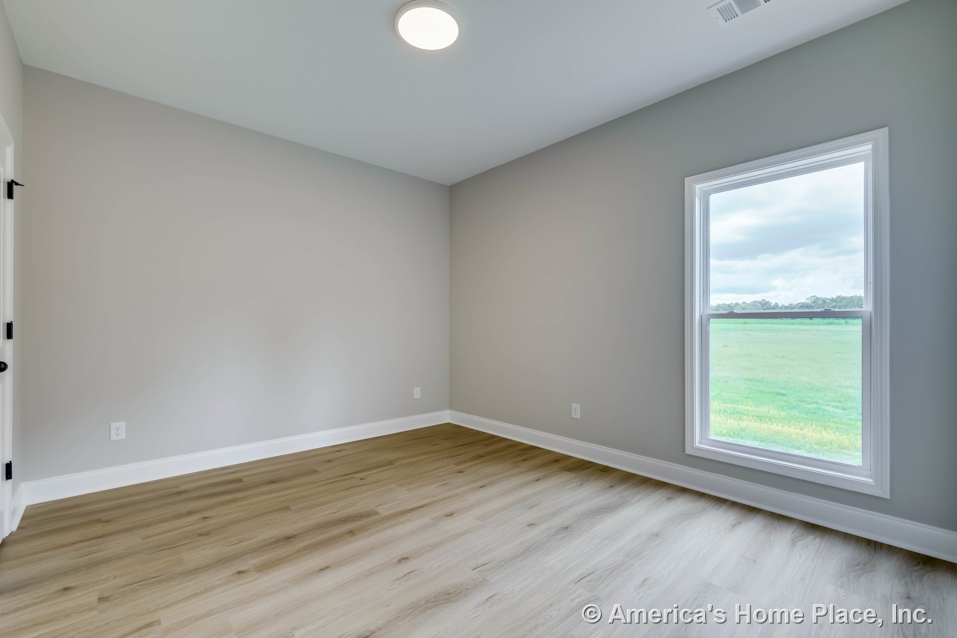 Bedroom with light wood plank flooring, large single window framed in white trim, neutral gray walls, white baseboards, flush ceiling light, and modern door hardware.