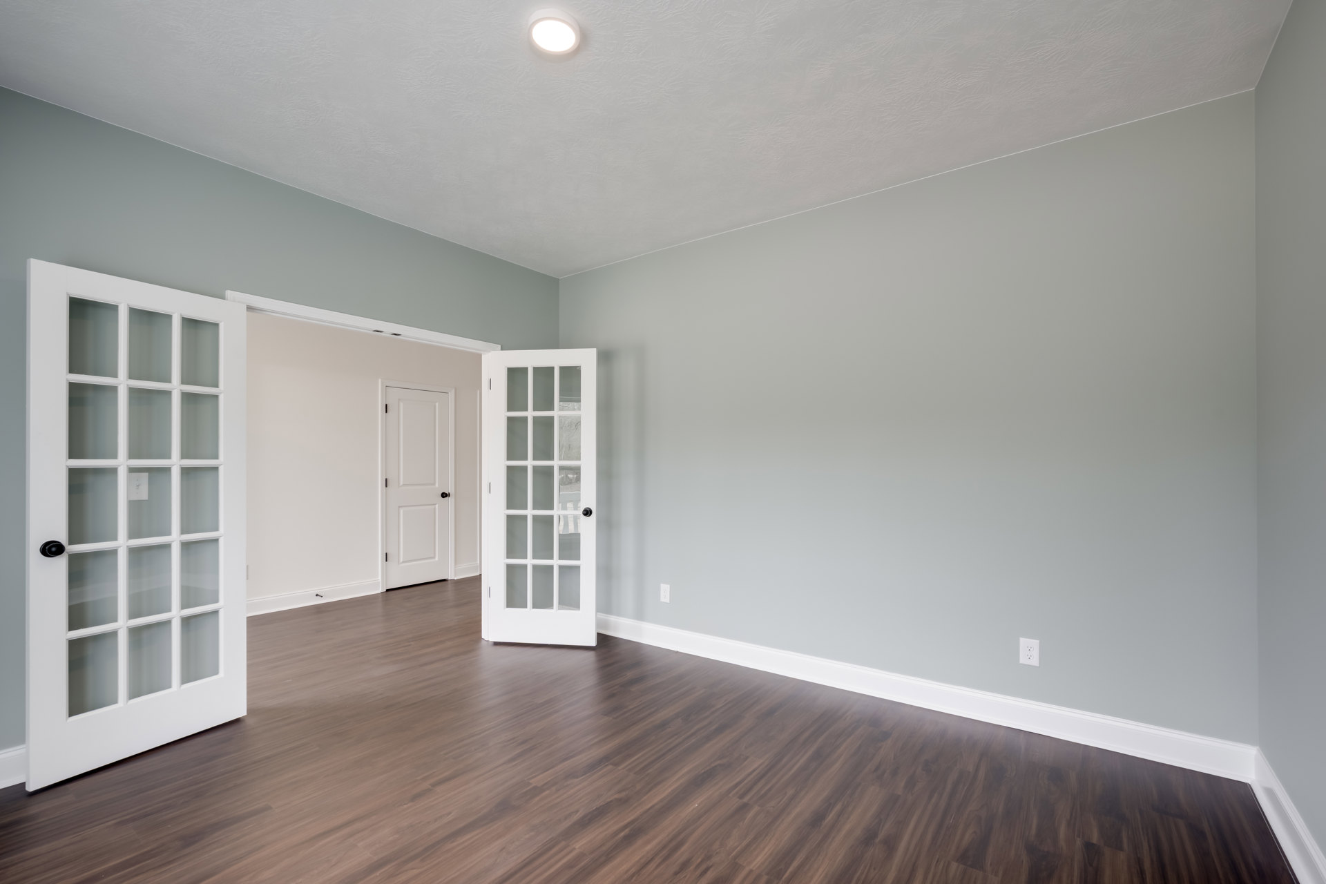 White paneled door with glass panes and black knob opens onto room with wood flooring, white walls, ceiling light, and decorative molding.