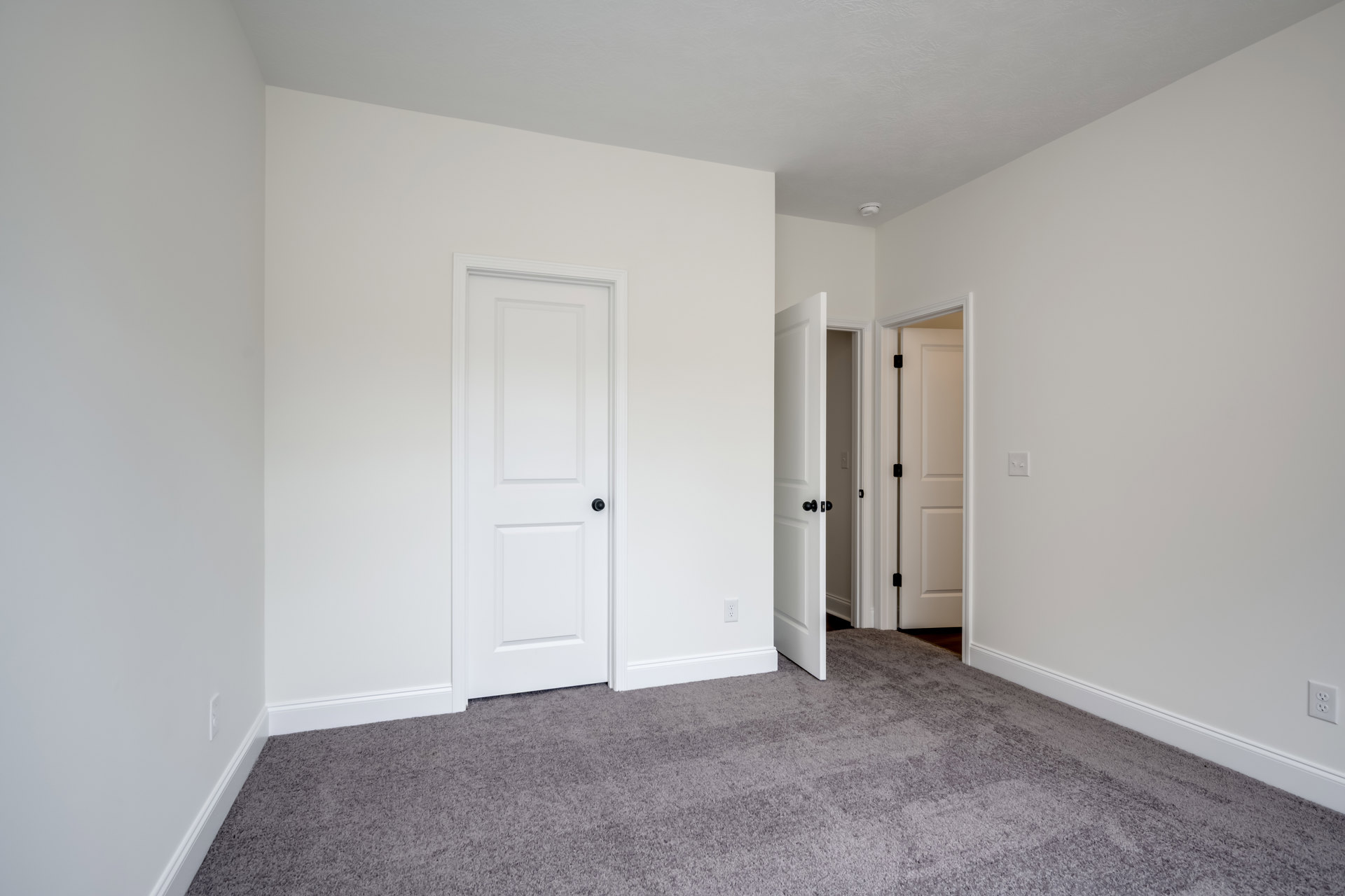 Carpeted room with white walls, white door featuring black knob and black hinge, square panel design, and white door frame