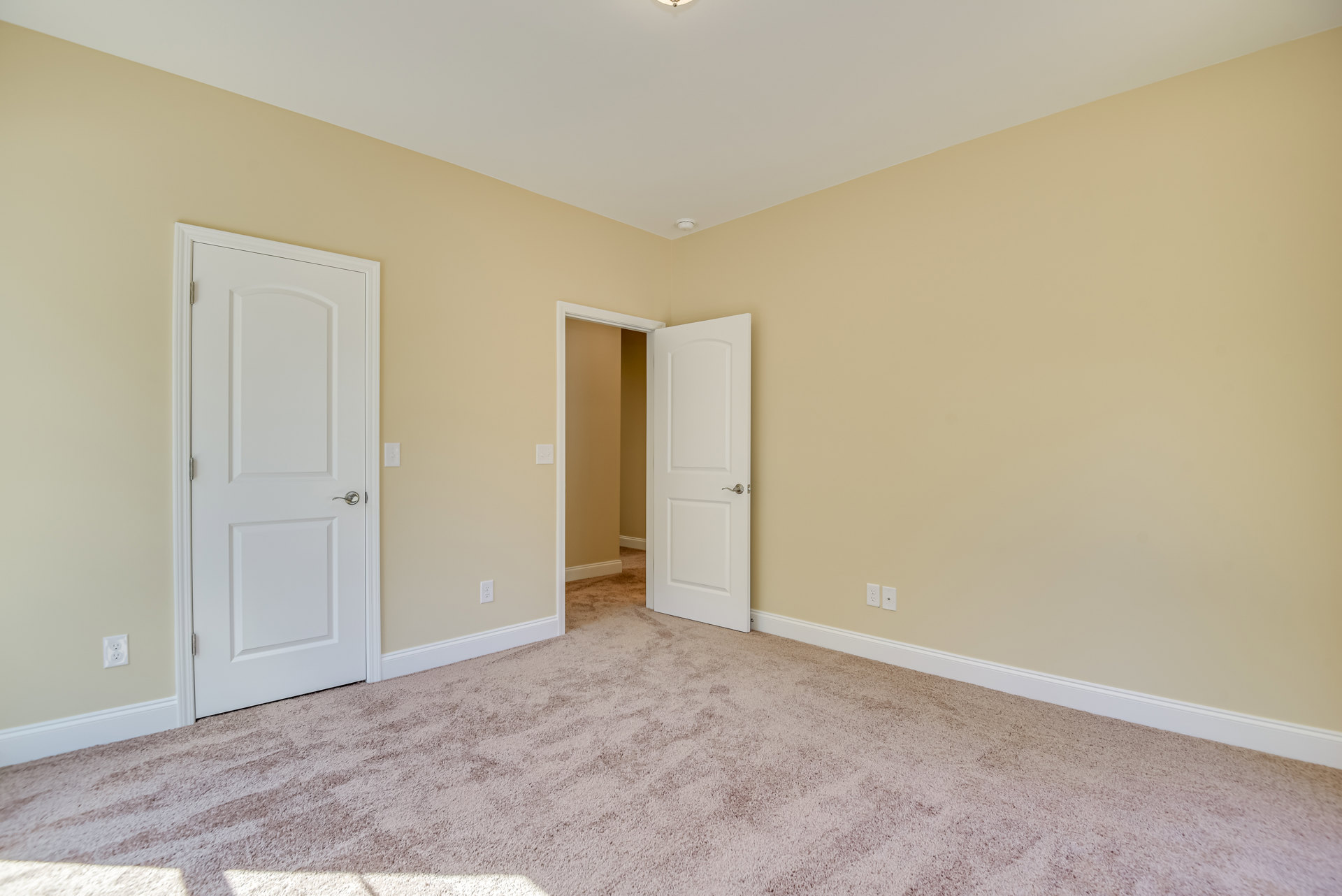 Carpeted room with white trim, two white doors with silver handles, open door revealing adjacent space, smoke detector mounted on white ceiling