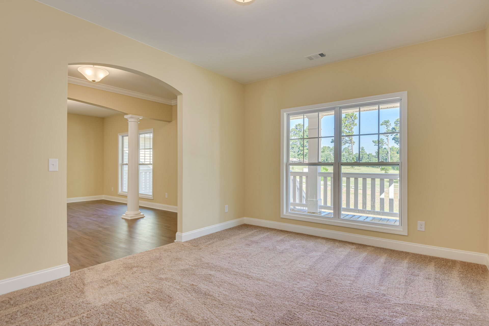 Spacious carpeted room featuring a large window overlooking porch and trees, white walls with decorative molding, white pillar, and ceiling light fixture