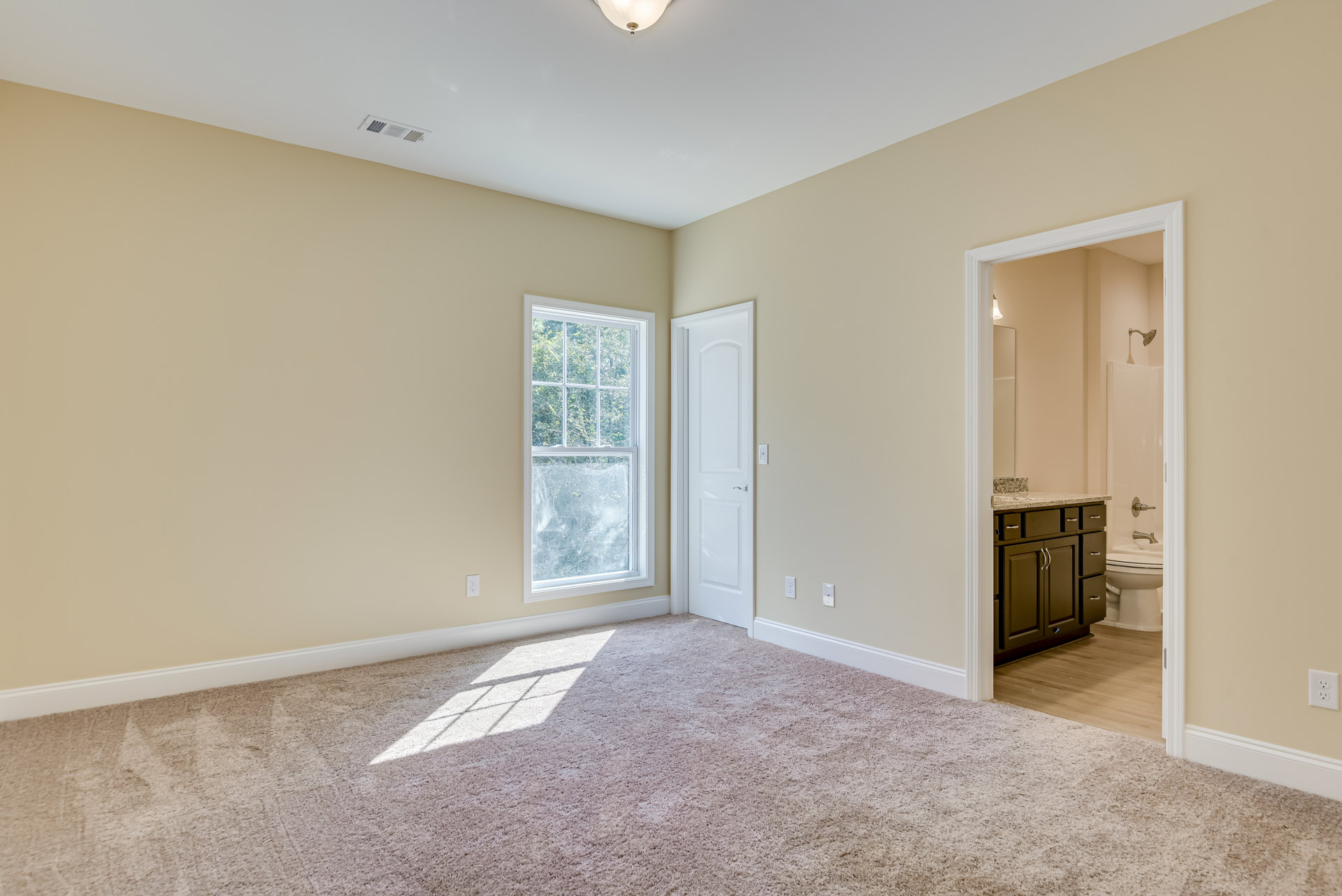 Carpeted room featuring a white door with silver handle, white-framed window, brown cabinet with drawers, light-colored walls, and ceiling molding.