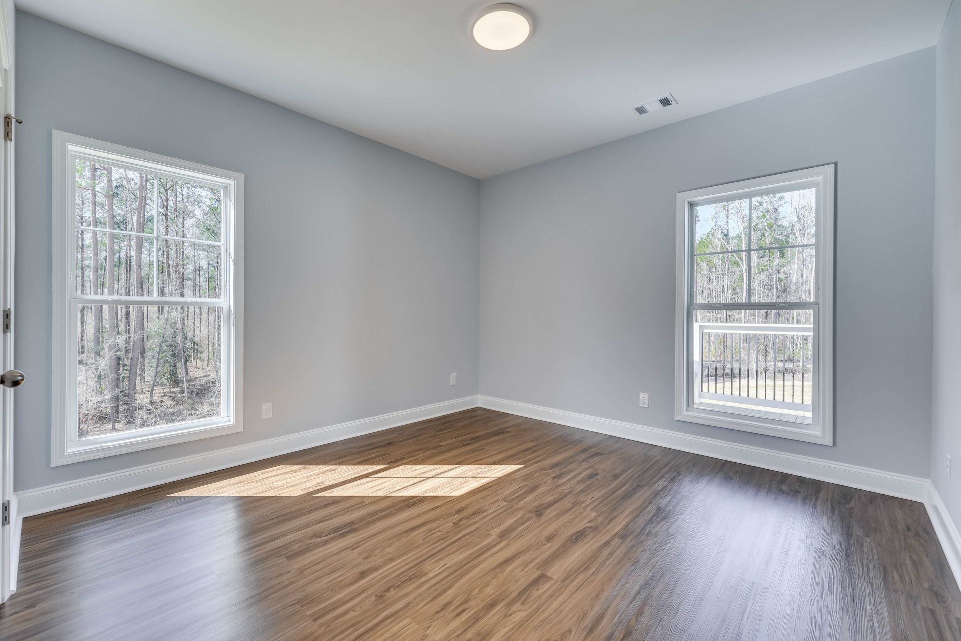 Sunlit room featuring wide plank wood flooring, large windows with views of leafy trees, white plaster walls, and a ceiling-mounted light fixture.