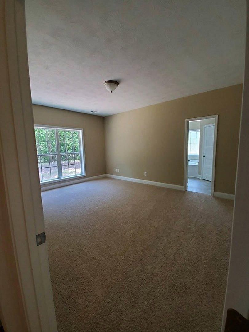 Empty room with beige carpet, open door with glass window, large window overlooking trees, ceiling-mounted light fixture, white plaster walls