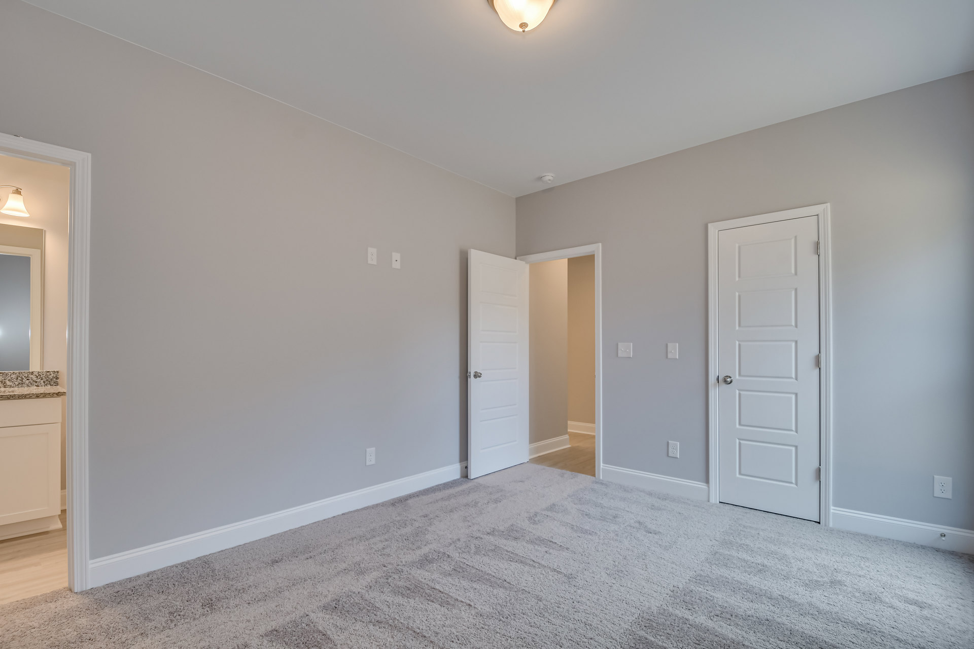 Carpeted room with two white doors, one open and one closed, white cabinet, ceiling light fixture, and neutral walls with molding.