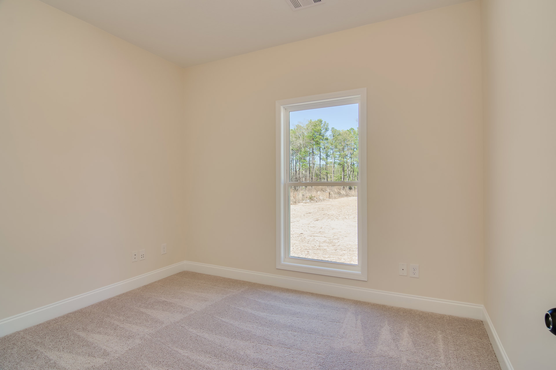 Bedroom with beige carpet, white walls, large window overlooking green trees and open field, simple baseboard molding