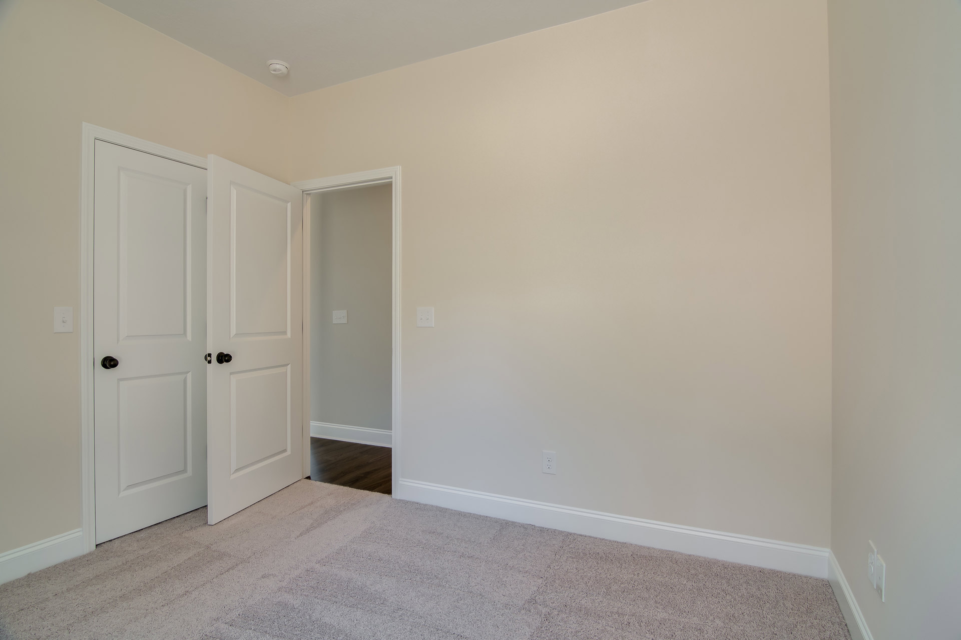 White-walled room with plush carpet, white door featuring black knobs, light switch on wall, wood flooring visible beneath carpet, simple molding along baseboards.
