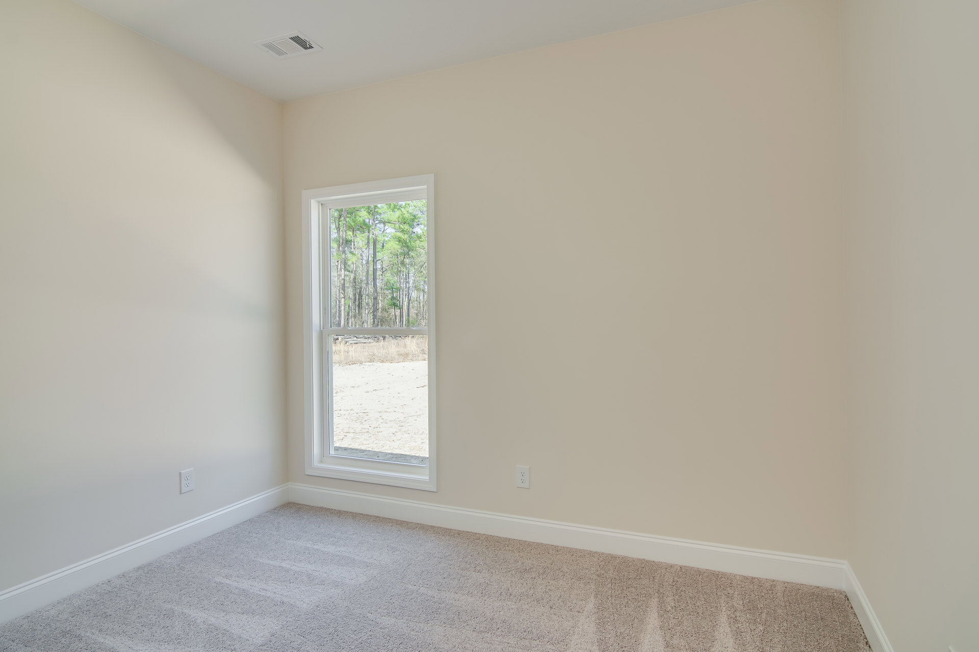 Bright carpeted room with large window, white walls, ceiling vent, and view of trees and beach outside