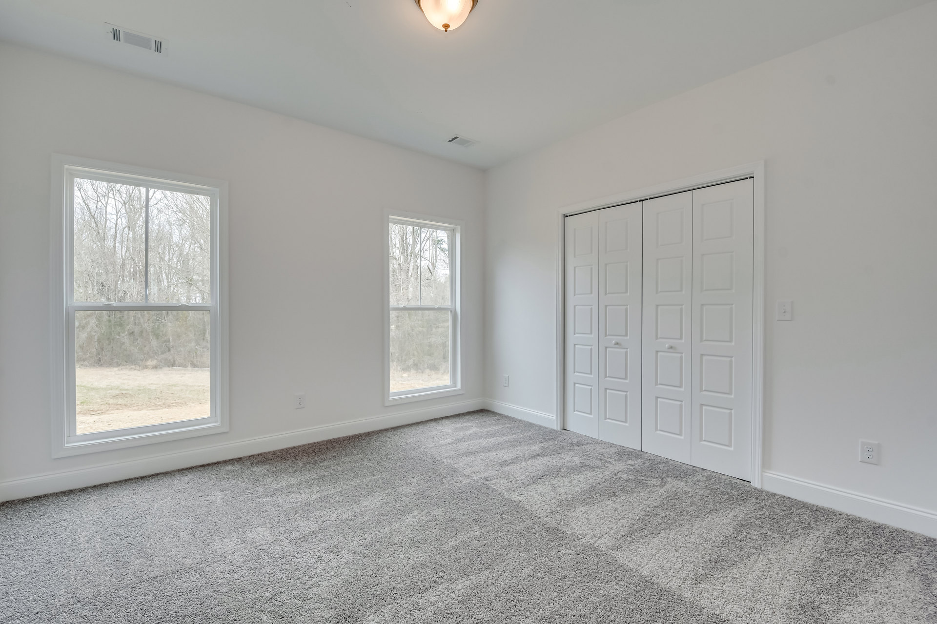 White-walled room with carpeted floor, closet doors, window overlooking trees, and a ceiling light fixture