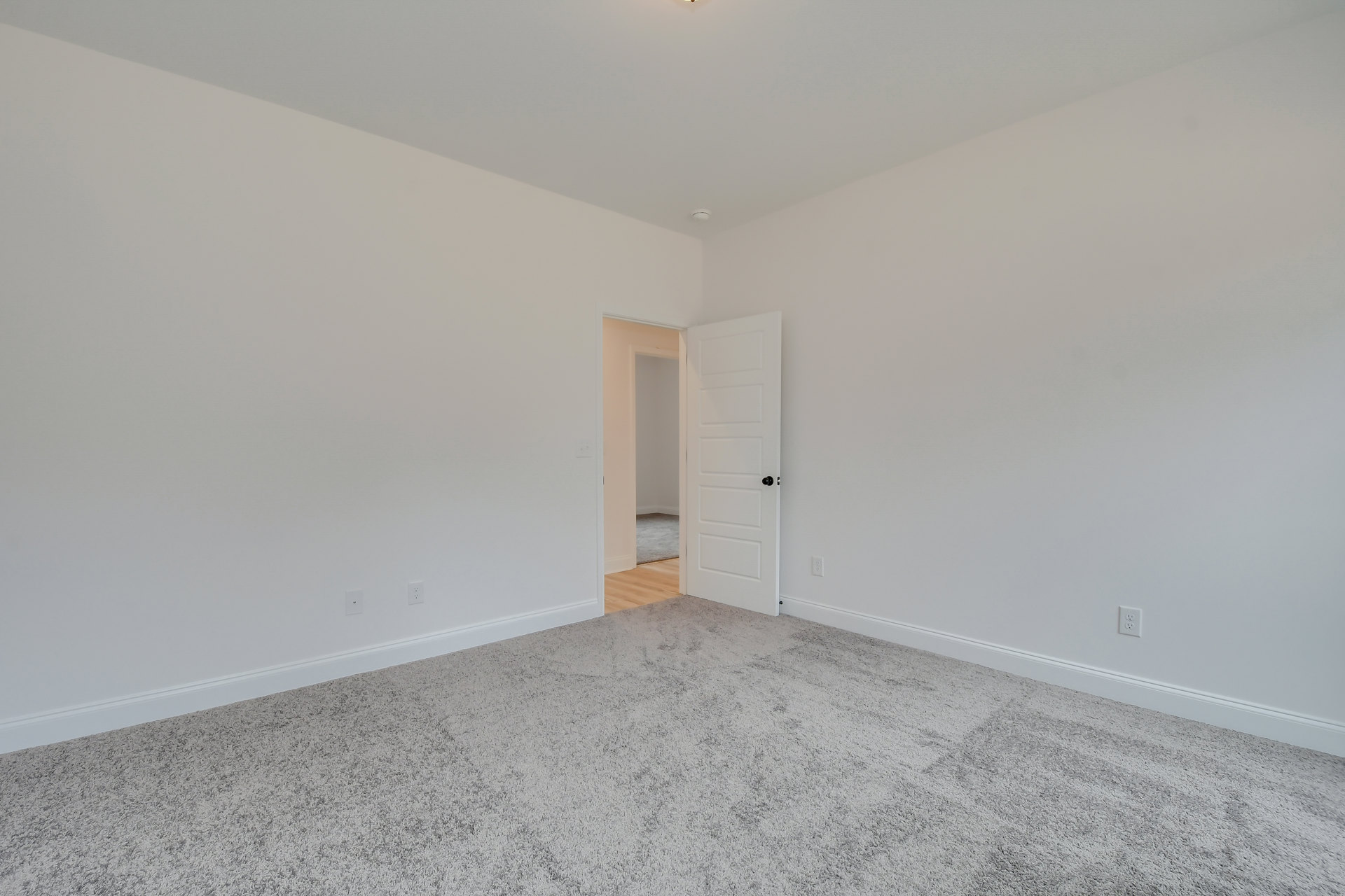 White paneled door with black knob open to carpeted room, white walls, white electrical outlet, and white ceiling