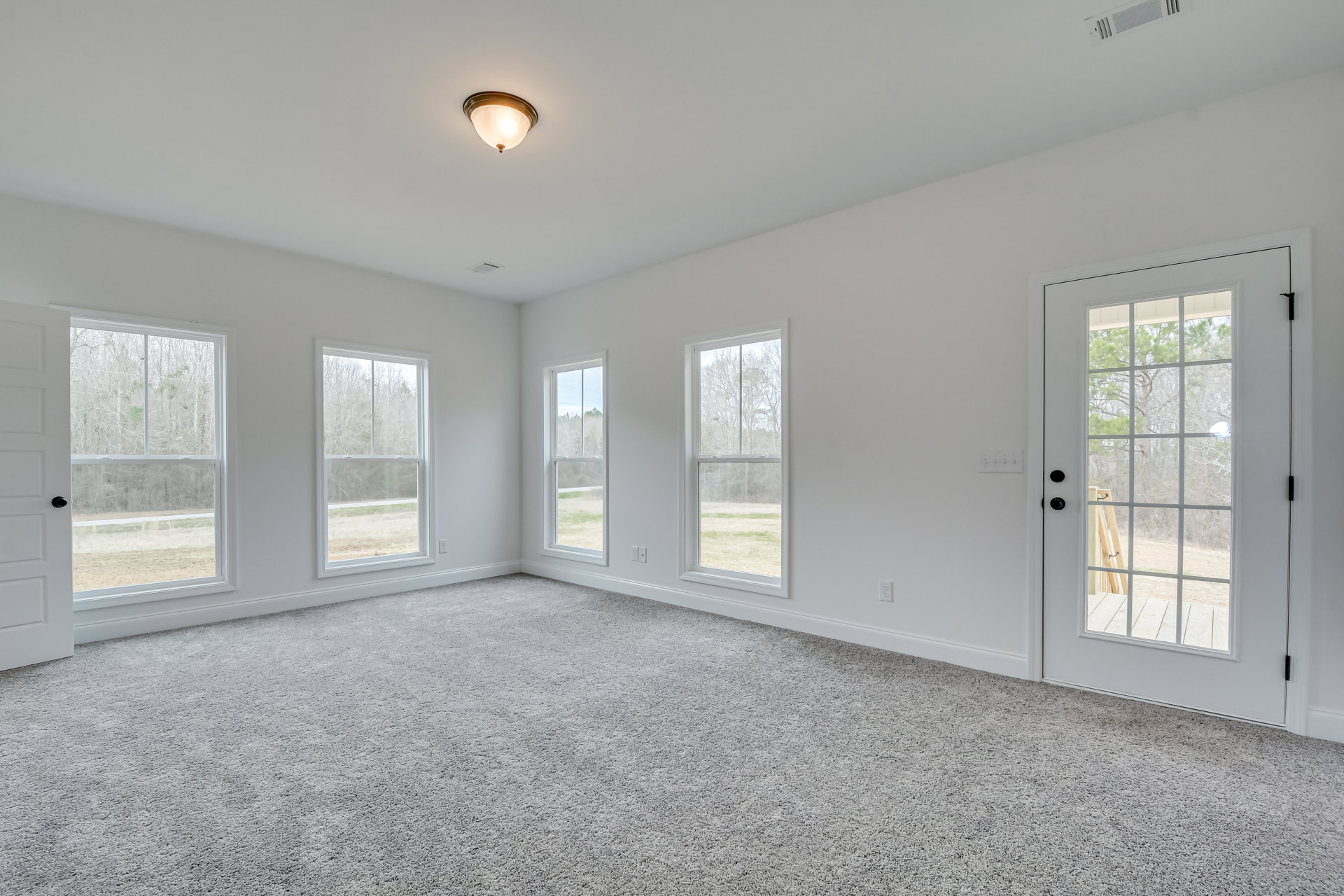 Spacious room with carpeted floor, white plaster walls, multiple large windows showing leafy trees outside, glass-paneled door, and modern ceiling light fixture
