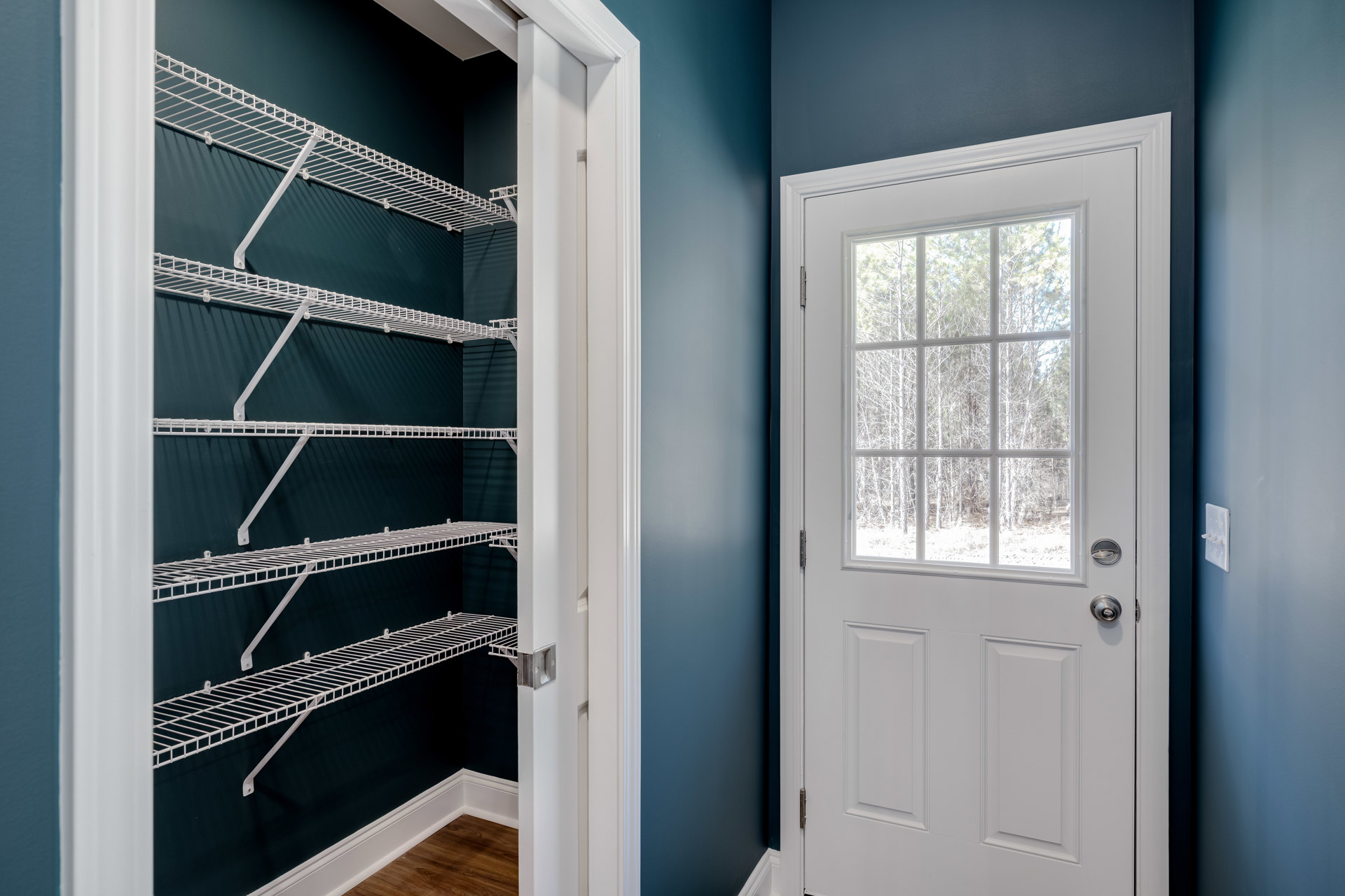 Walk-in closet with built-in white shelves, white door featuring glass panes and silver doorknob, window overlooking trees