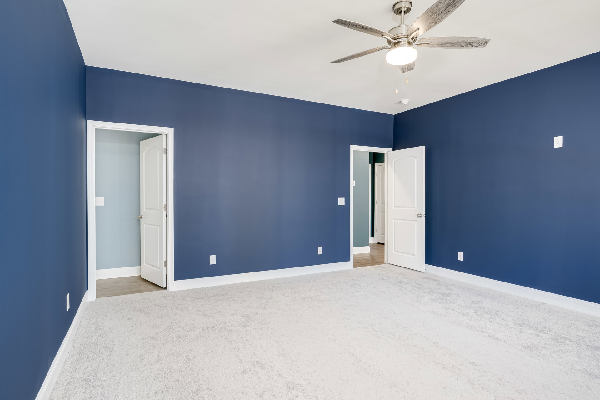 Blue-painted walls, white ceiling with a ceiling fan and light, carpeted floor, white door with silver knob, frosted glass door