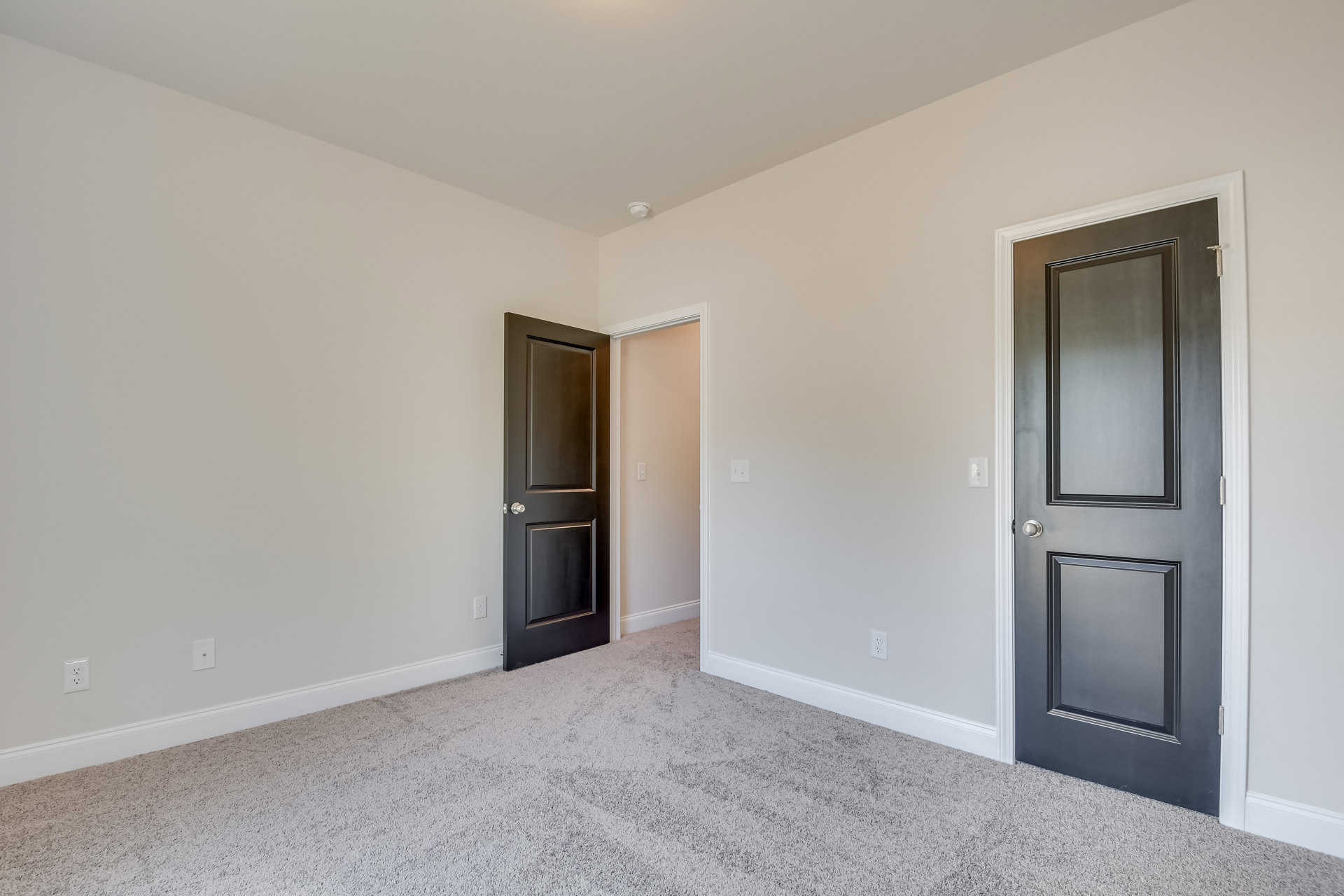 Carpeted room featuring two matte black doors with silver handles, white plaster walls, and minimalist trim.