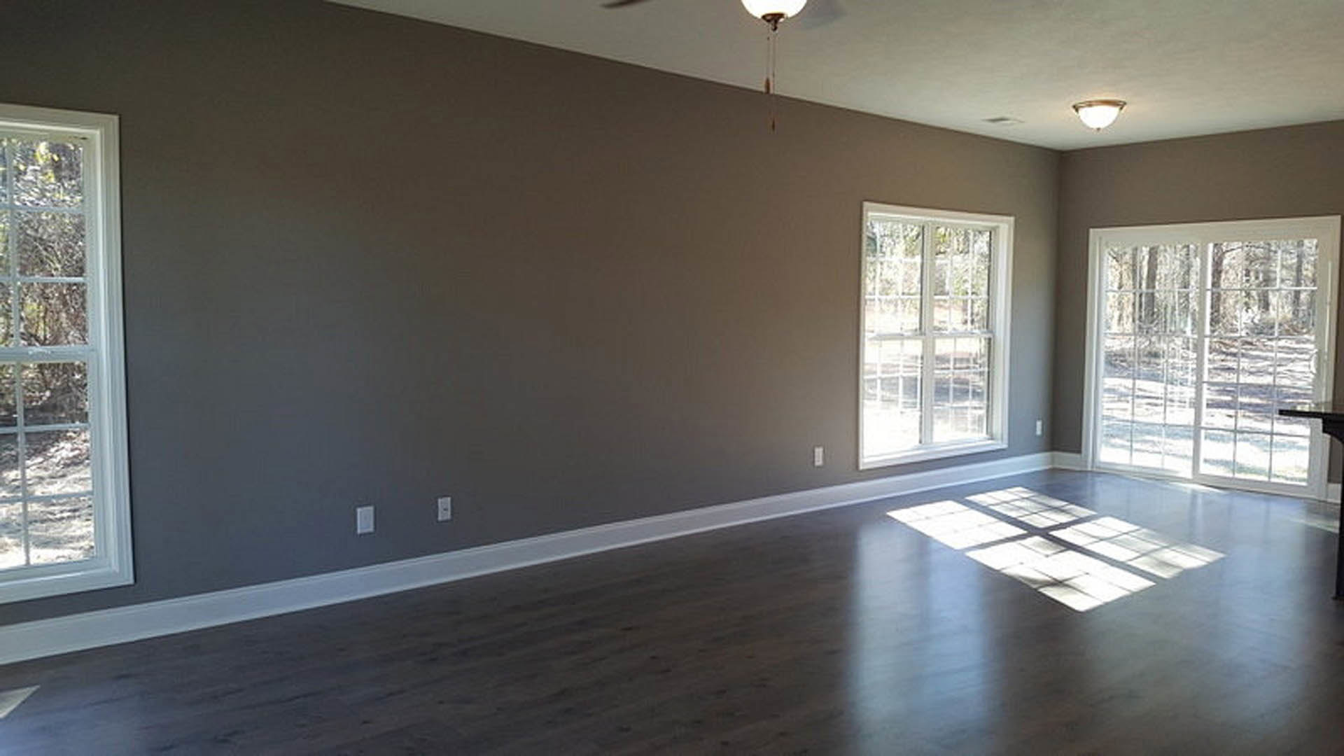 Dark wood flooring with white baseboard trim, large window with white frame overlooking forest, ceiling fan with light fixture, sunlight streaming onto floor.
