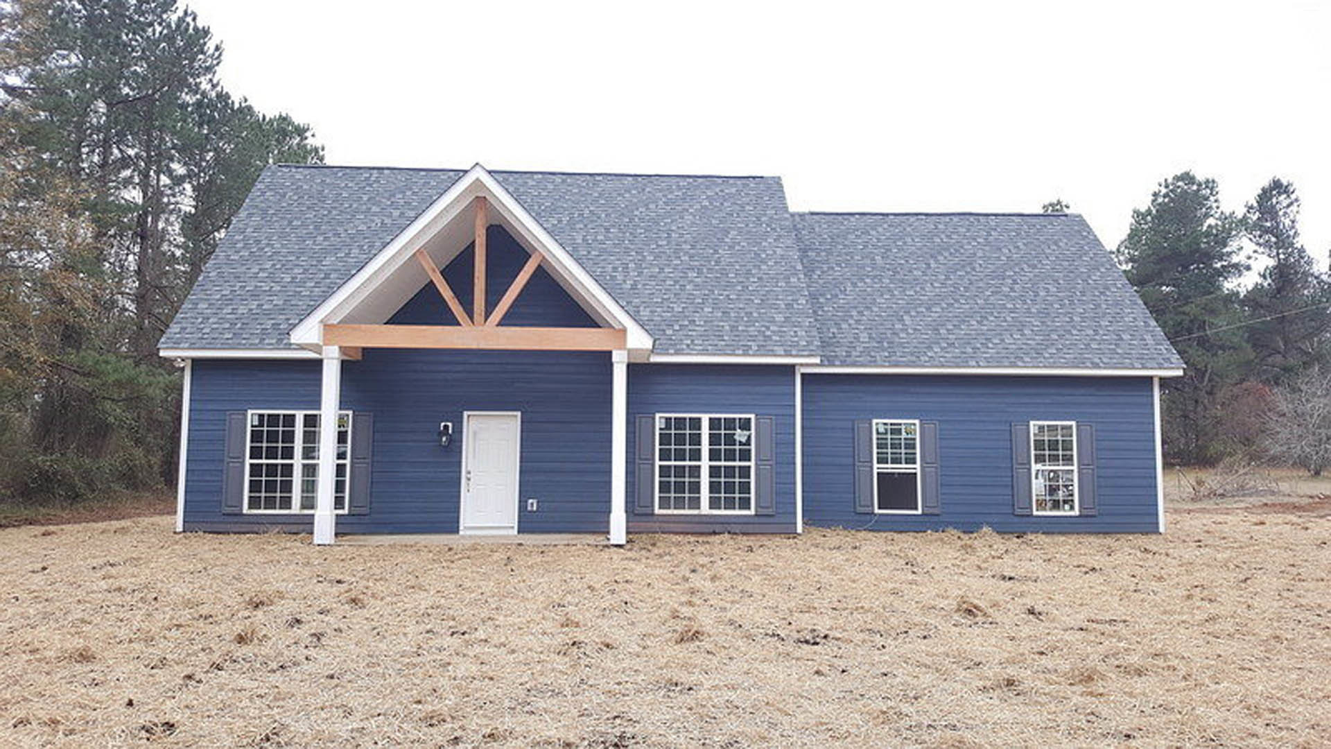 Blue siding exterior with white paneled front door, multi-pane window with white trim, manicured green lawn, and partial view of roof and trees in background
