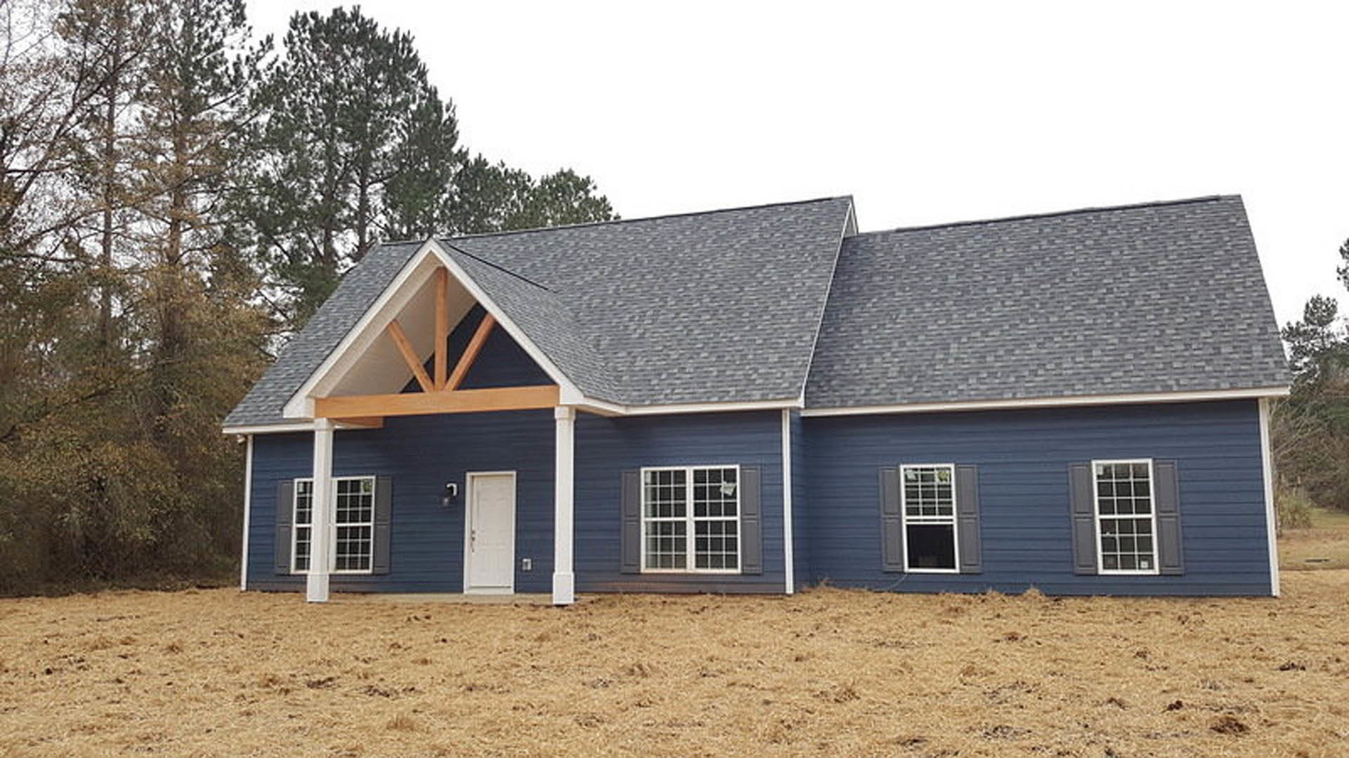 Blue siding house with two white doors, black door handles, white-framed windows with multiple square panes, and a blue roof.