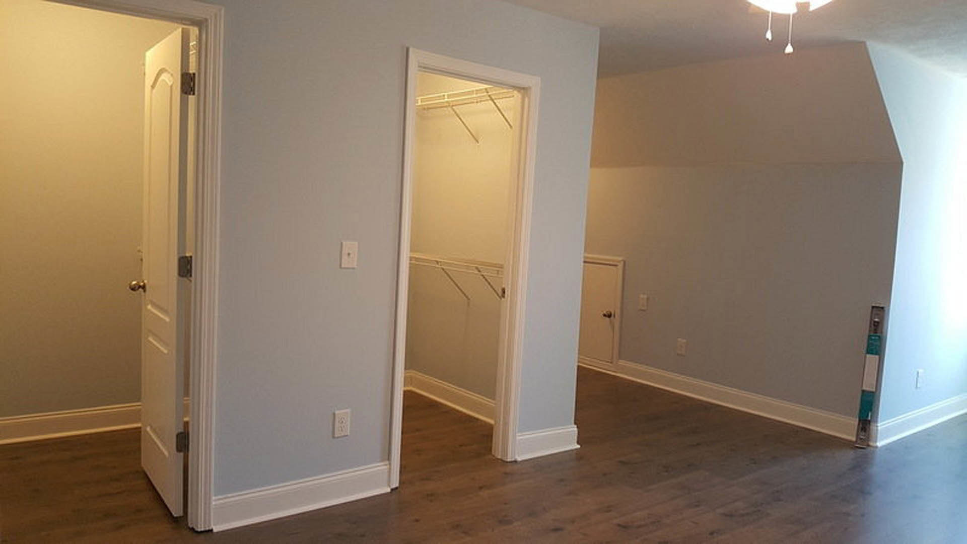 White closet door set in a plaster wall, light fixture overhead, white electrical outlet visible near baseboard, hardwood flooring throughout room.
