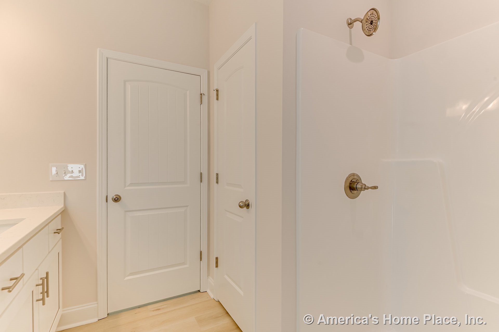 Walk-in shower with brushed nickel fixtures, white shaker-style vanity cabinets topped with solid surface countertop, light wood plank flooring, two paneled interior doors, neutral