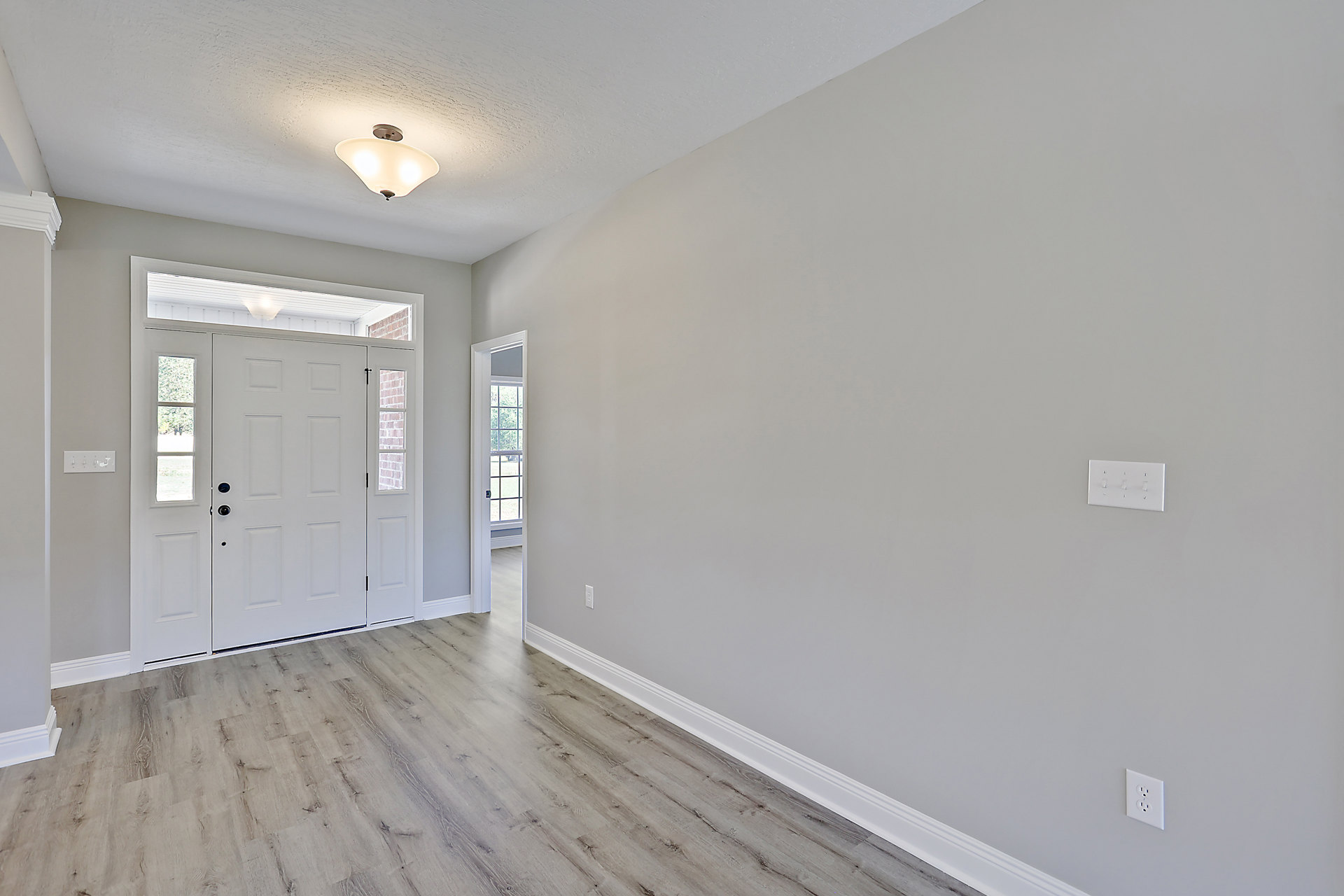 White plaster wall with white door featuring glass panes, light fixture on ceiling, electrical outlet and light switch, wood flooring, decorative molding