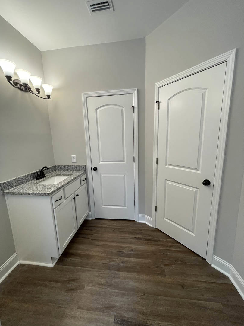 Bathroom with white paneled doors, black hardware, wood flooring, white vanity with chrome faucet, modern light fixture, and wall vent