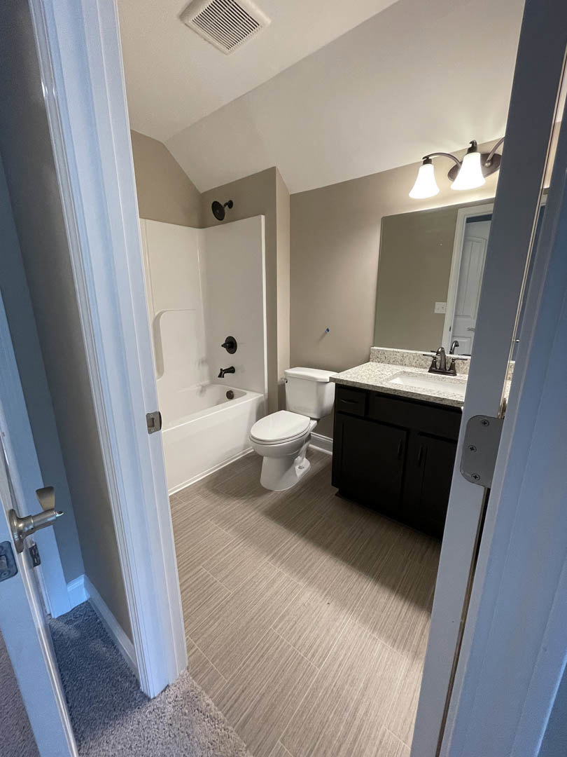 Bathroom with white toilet, freestanding bathtub, black vanity cabinet, wall-mounted mirror, dual-lamp light fixture, ceiling vent, tile flooring, and patterned rug.