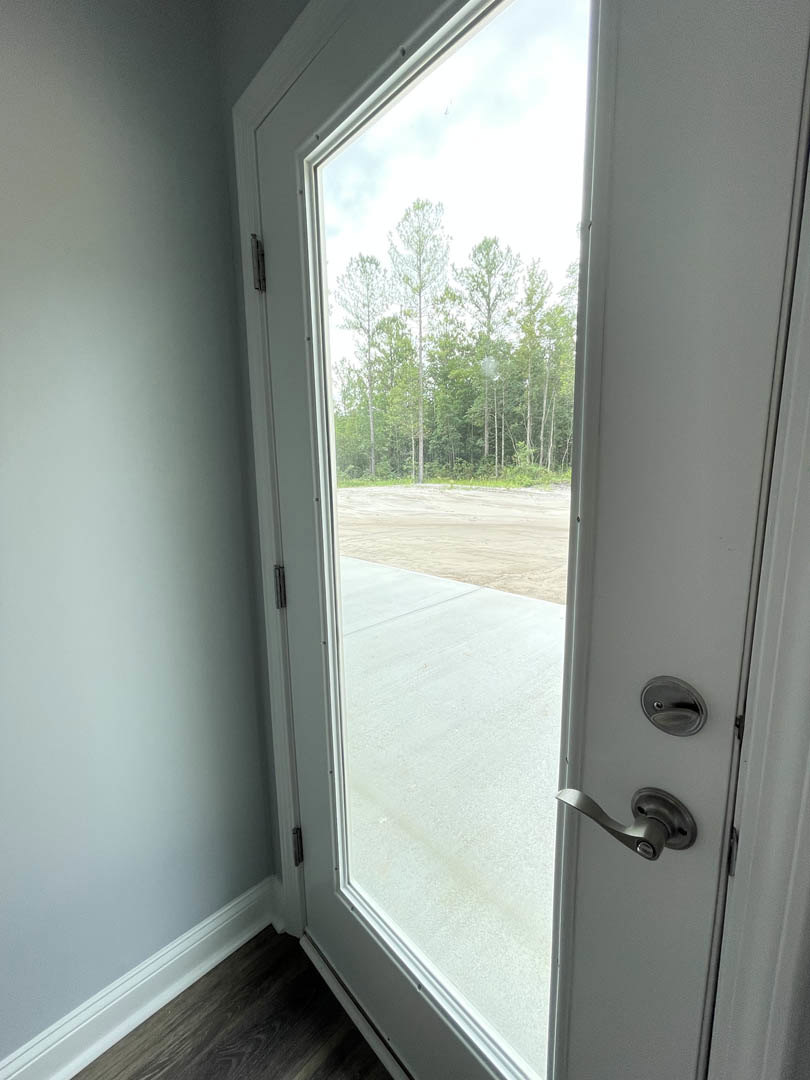 White door with glass window, brushed metal handle, dark wood flooring, white baseboards, view of green trees through window