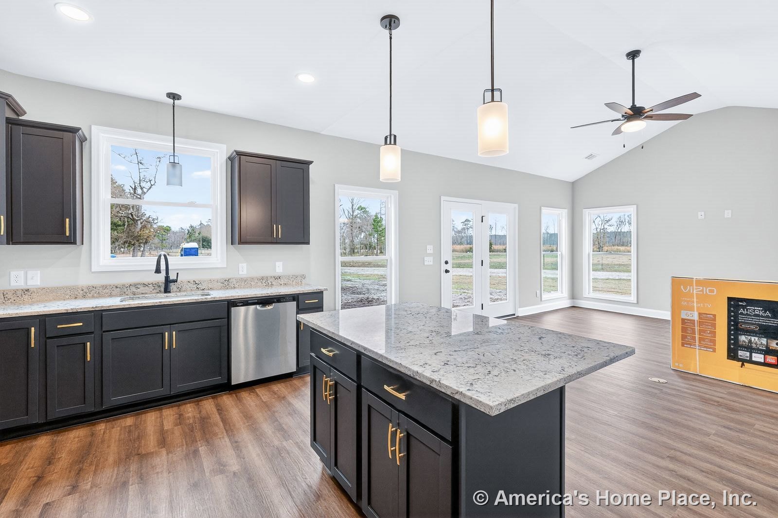 Dark shaker kitchen cabinets with gold hardware, granite countertops, stainless steel dishwasher, and pendant lighting, wide plank wood flooring extending into open living area