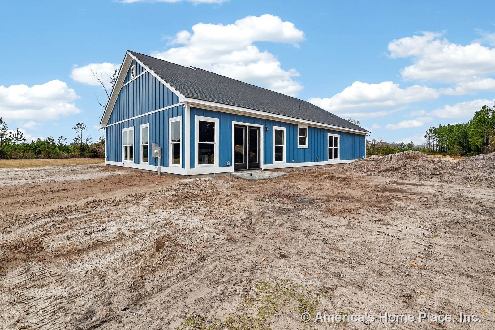 Blue vertical siding with white trim, multiple large windows, sloped roof, glass patio door, and unfinished yard surrounding a single-story new construction home.