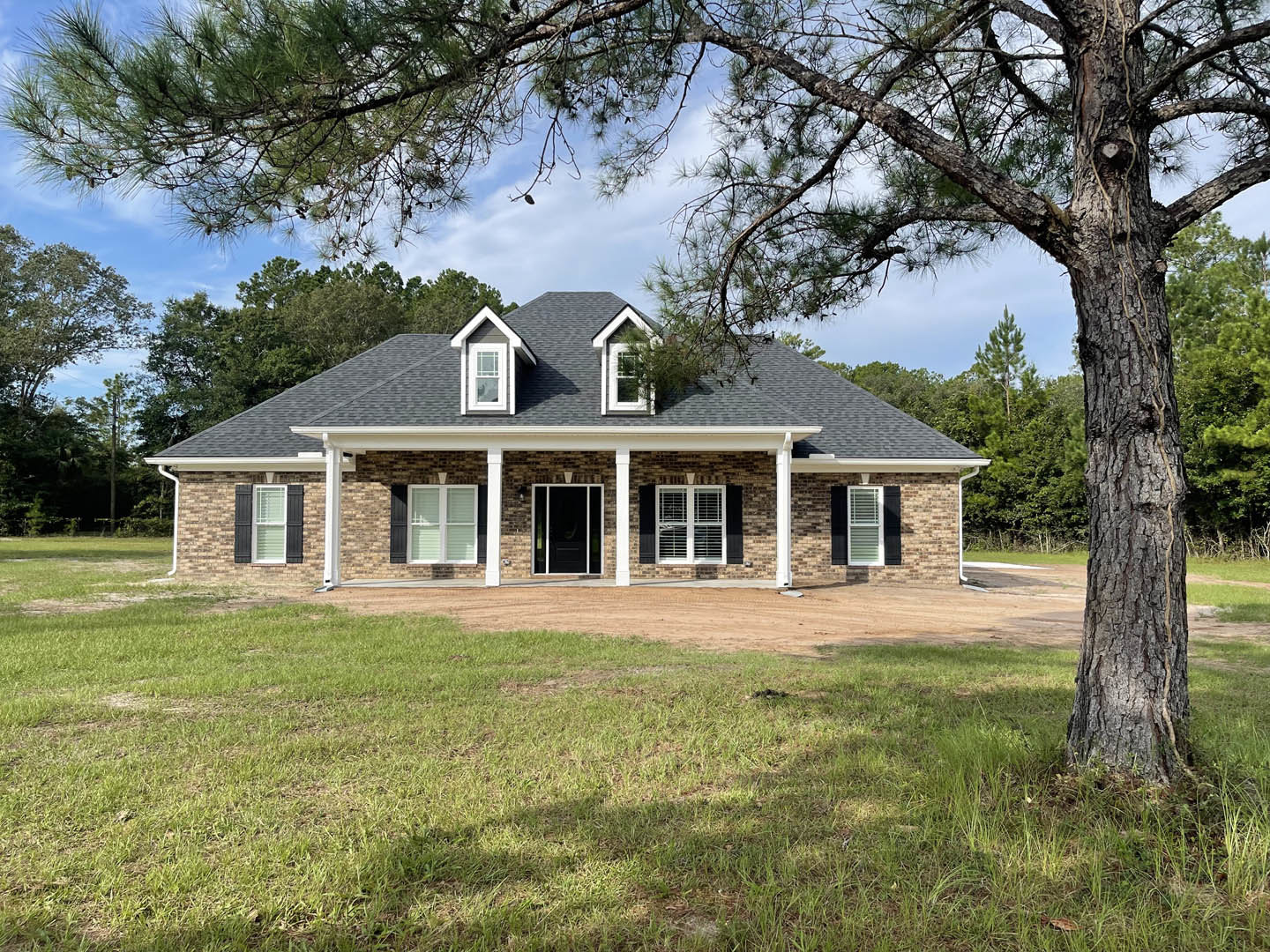 Two-story house with light siding, black front door featuring glass panels, dirt path bordered by grass, large window with white blinds, mature tree in the background