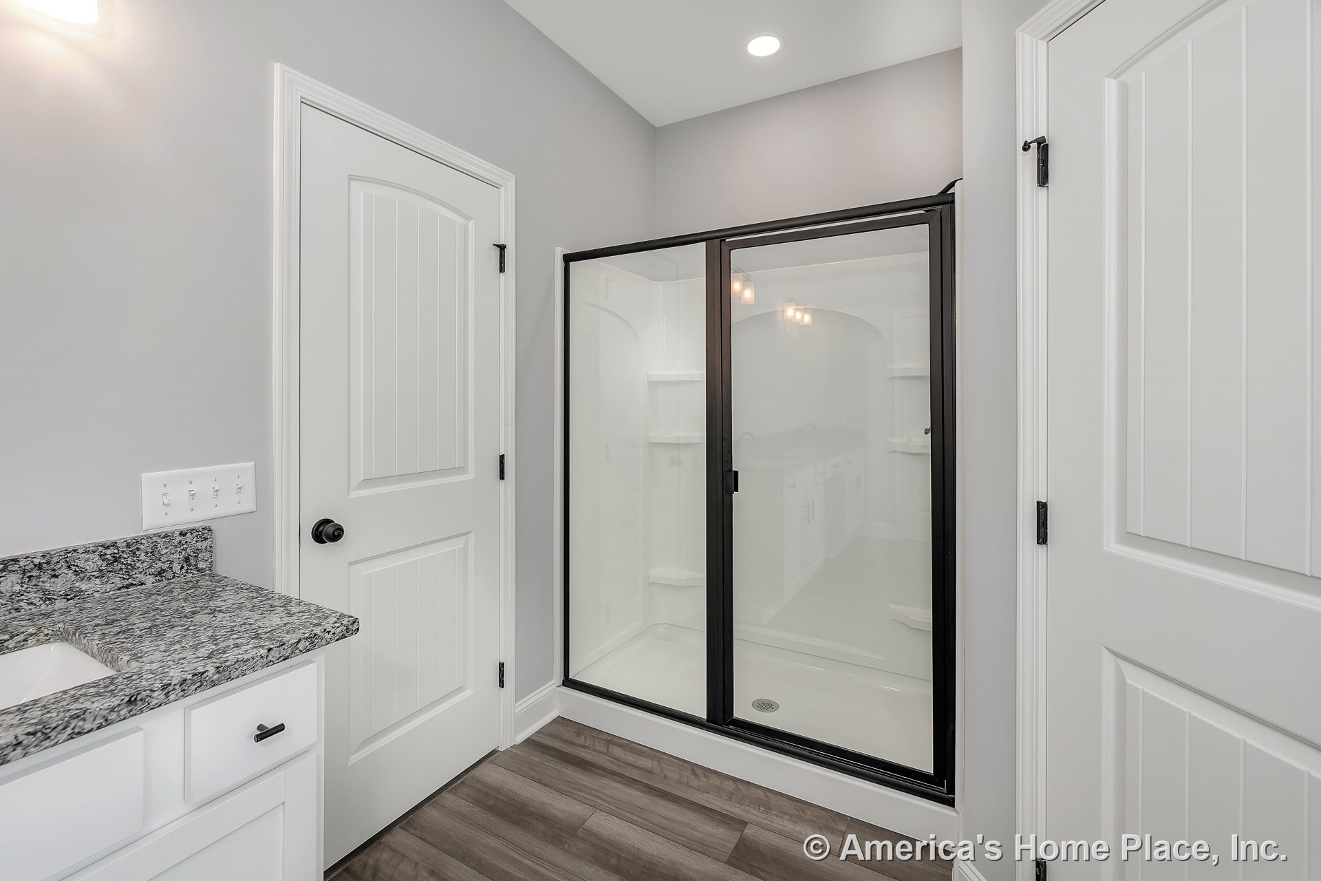 Glass-enclosed shower with black trim, granite countertop vanity, white cabinetry, wood-look tile flooring, recessed ceiling light, built-in shelves, and panel doors.