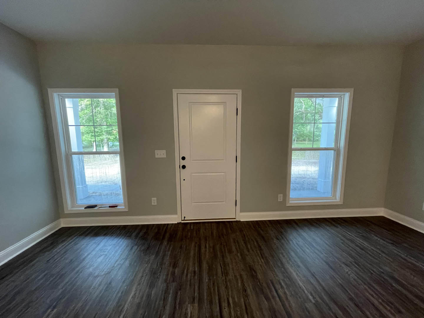 White paneled door with black hardware, dark wood laminate flooring, two large windows showing leafy trees outside, white walls, recessed ceiling light.