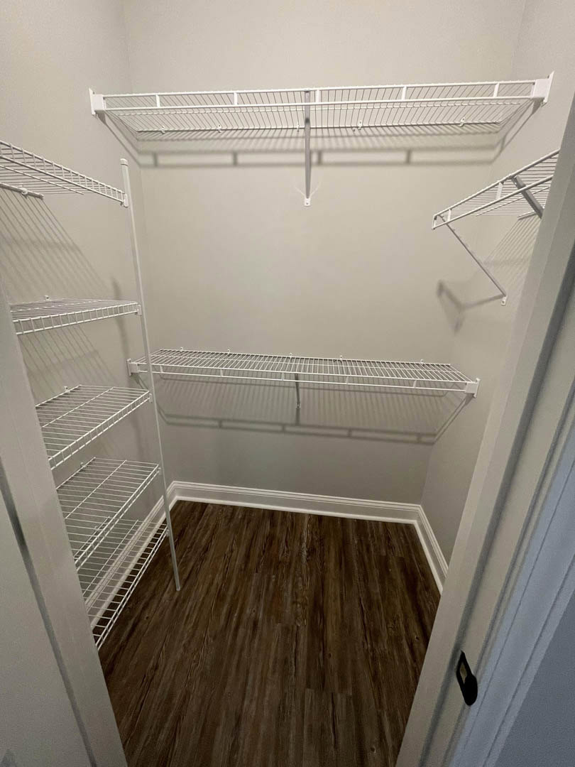 Closet with white shelves mounted on plaster walls and dark hardwood floor