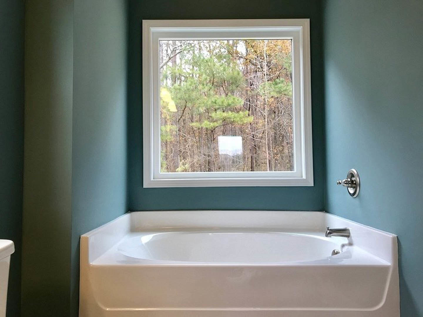 Freestanding white bathtub against a blue accent wall, chrome faucet, window with tree view, white door and surface details