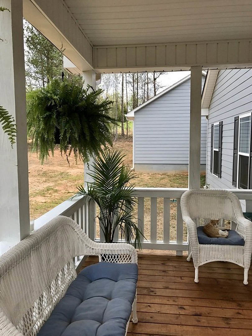 Covered porch with white wicker chairs, cushioned bench, potted palm tree, and a cat resting on a chair