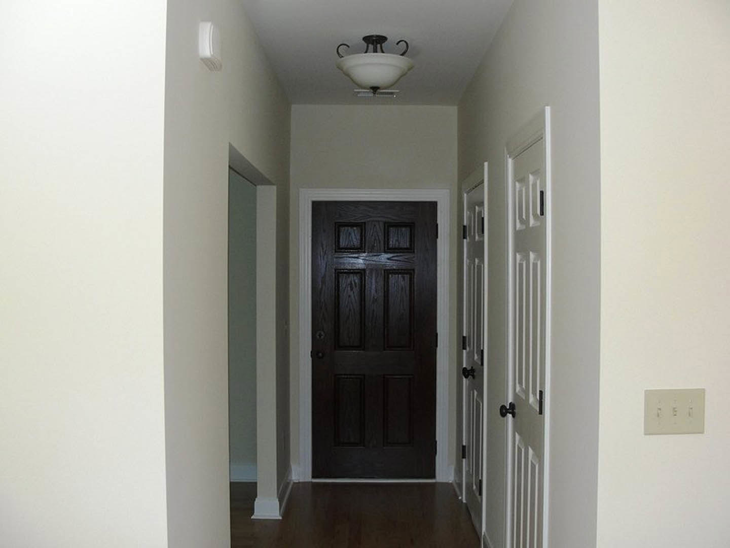 Hallway with white walls, dark wood door, black door handle, recessed ceiling light, and light switch panel