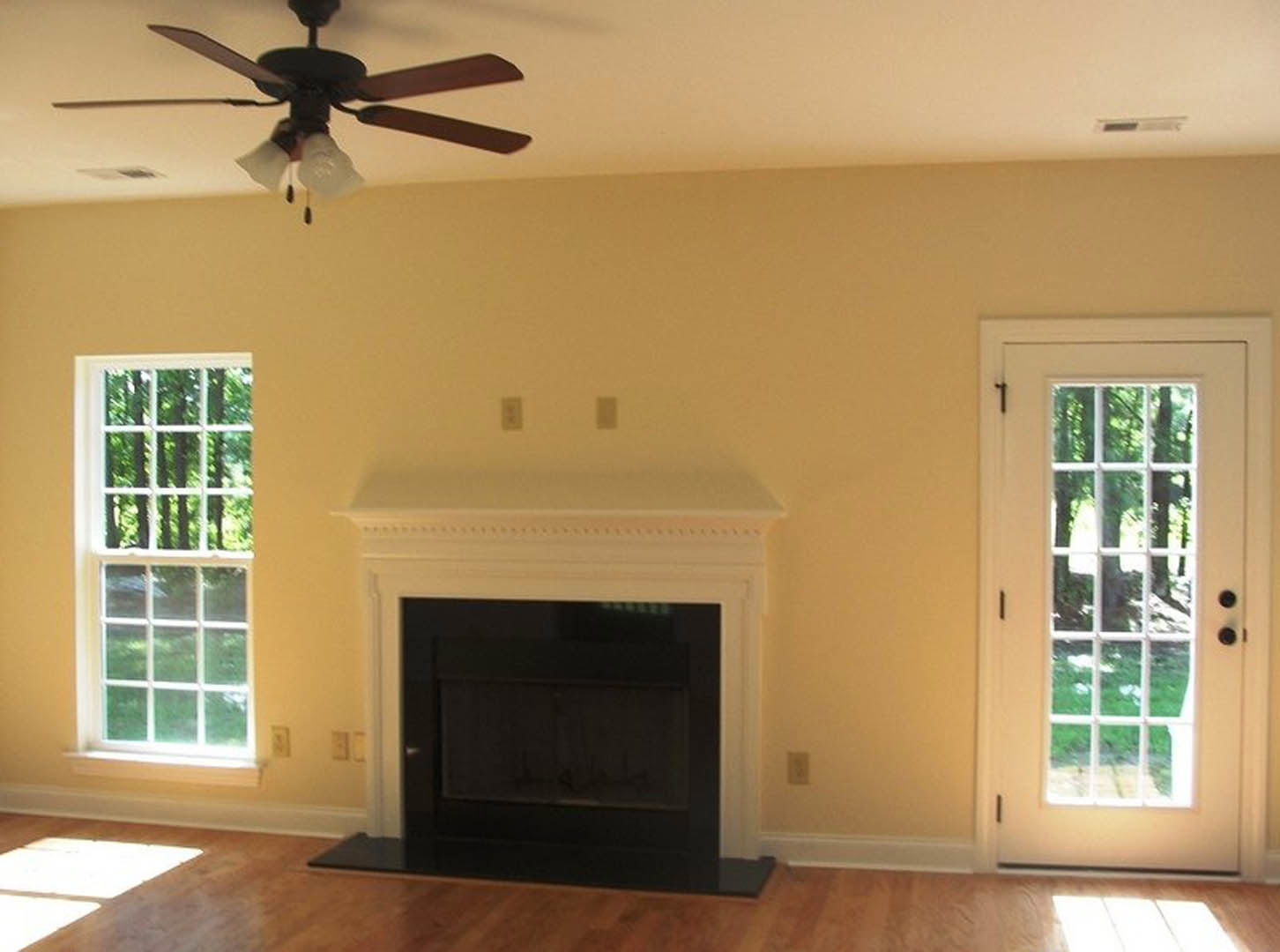 Living room with black fireplace framed in white, ceiling fan with light bulbs, wooden floor, multi-pane window, and white door with glass panels