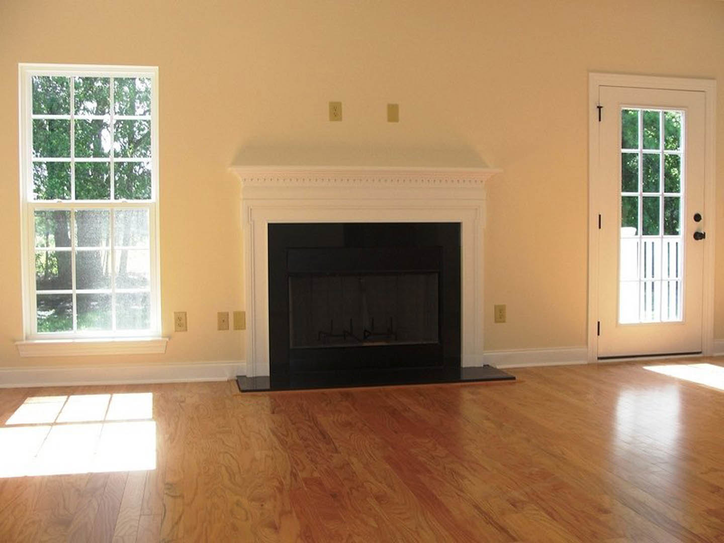 Black-framed fireplace with glass window set in a white wall, multi-pane window and white door with glass panes, wood laminate flooring