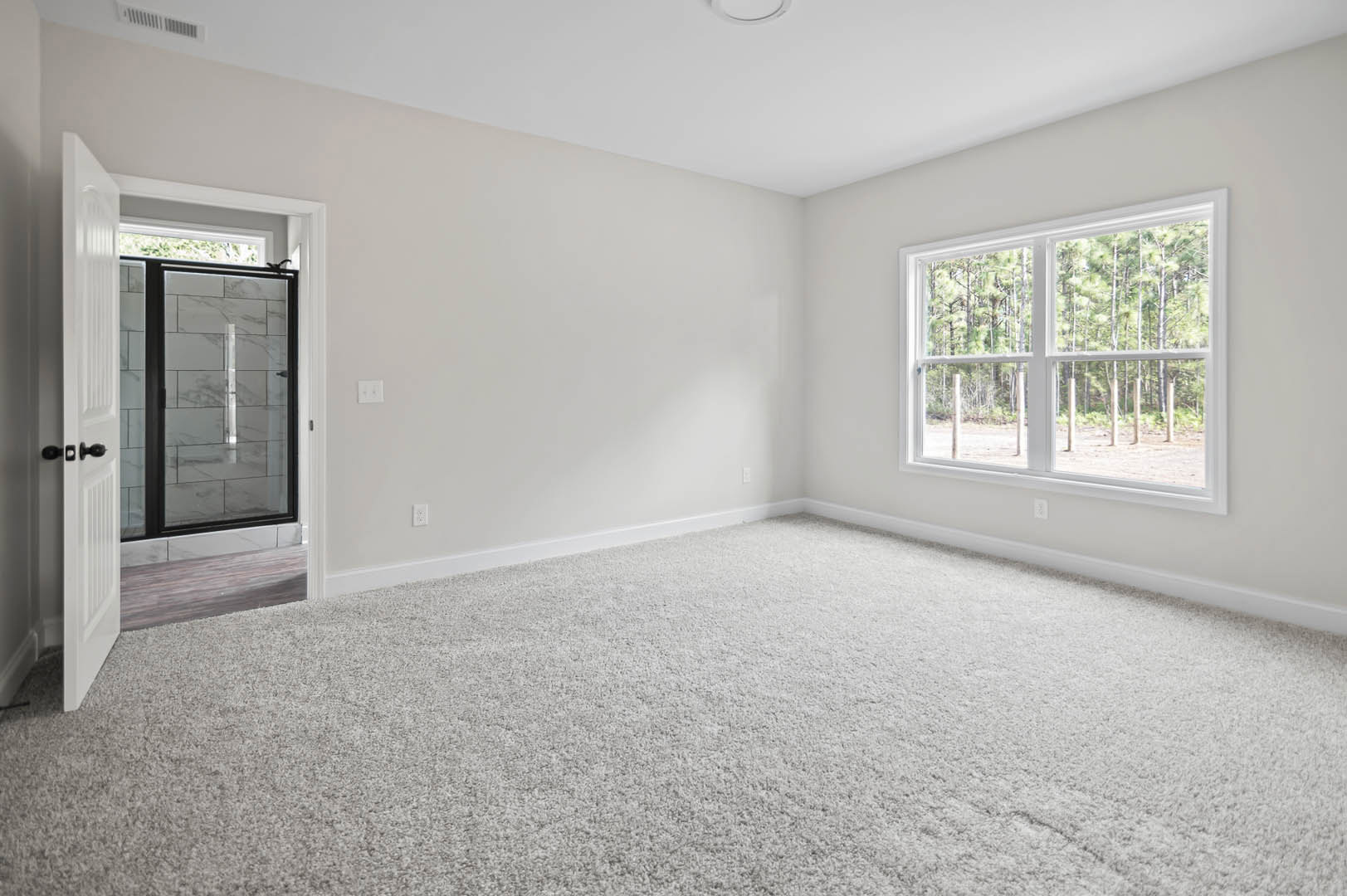 Bright room with large glass door, marble accent wall, white carpet, wood flooring, and windows overlooking trees
